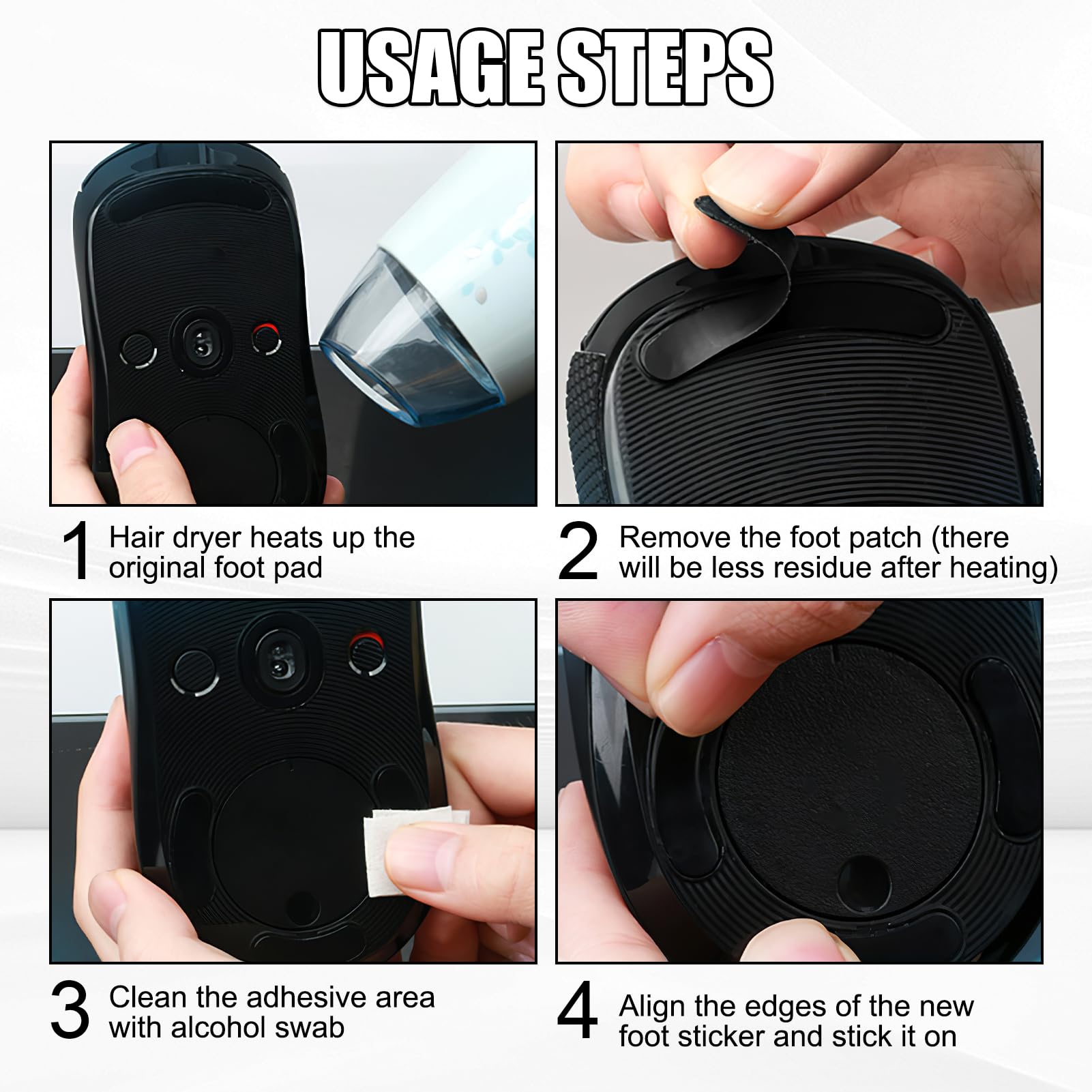 3 - Almohadilla para ratón compatible con Logitech G Pro Wireless Gaming – Pie de ratón de repuesto autoadhesivo de goma suave – Propiedades de deslizamiento perfectas para el juego (Negro)