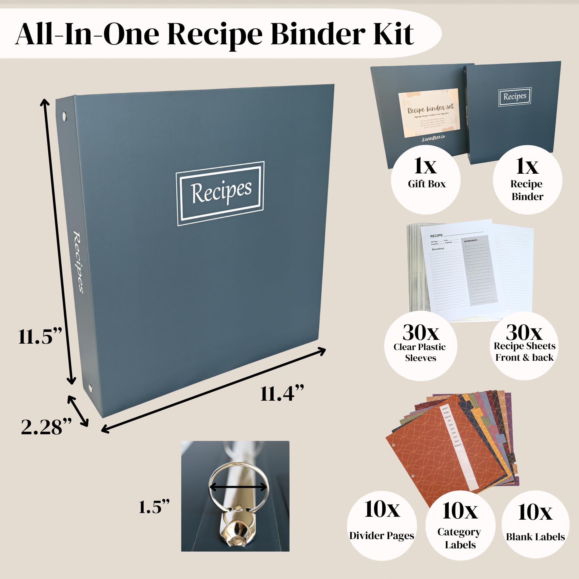 Raccoglitore per ricette con maniche in plastica, divisori personalizzati, etichette, raccoglitore per ricette vuoto, resistente all'acqua, 22 x 28 cm, organizer per libri di cucina a pagina intera a