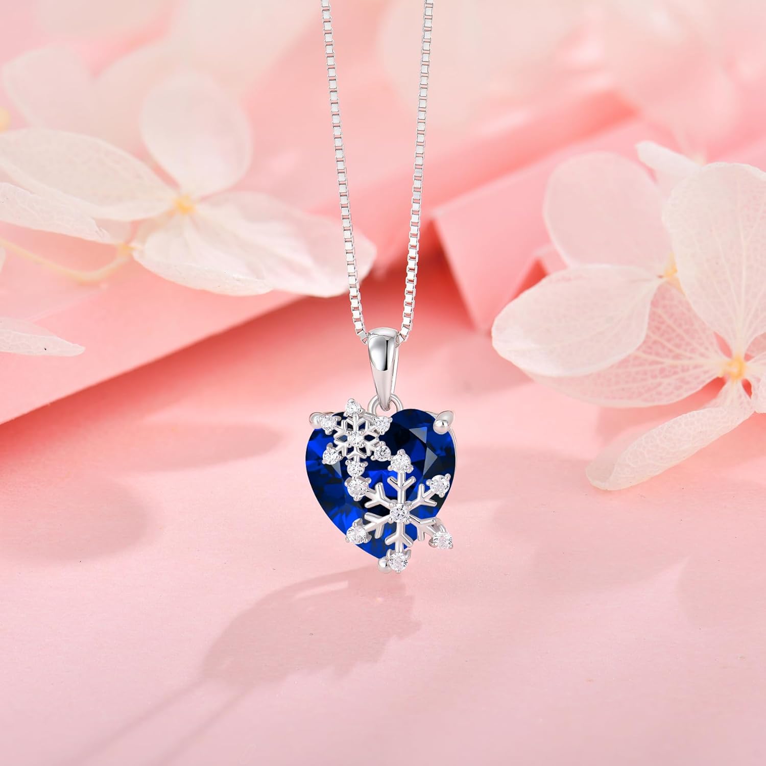 Snowflake Necklace for Women 925 Sterling Silver Heart Birthstone(White/Aquamarine/Sapphire/Pink) Pendant Necklaces Cubic Zirconia Winter Christmas Jewelry - Image 3