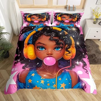 Women Earphone Girl Duvet Cover Set Twin Size,2 Pieces Breathable Pink Star Bubble Bedding Sets1 Duvet Cover+1 Pillowcase,Children Rock Music Printed Comforter Cover Set for Girls KidsNo Comforter