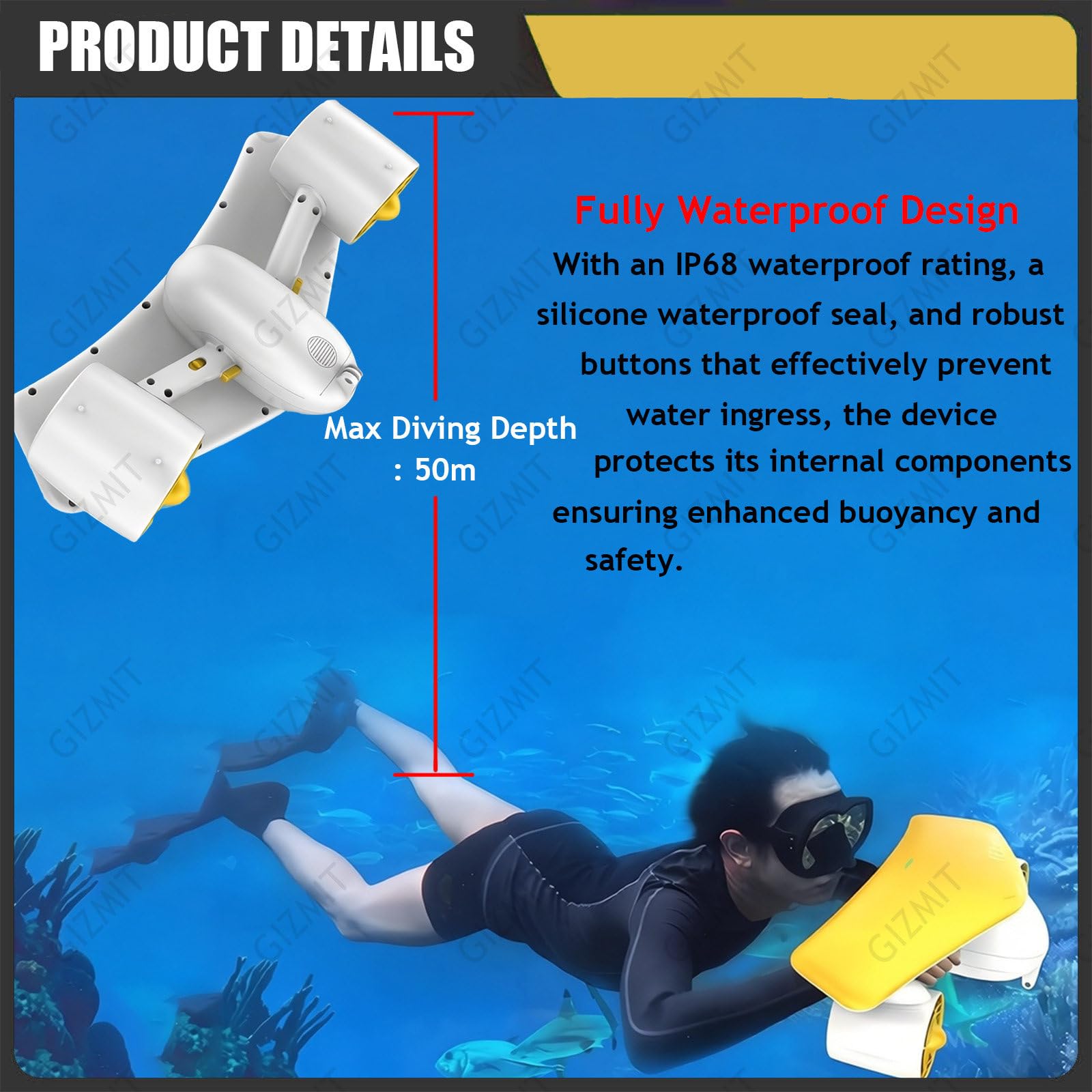 Scooter Submarino, propulsor acuático de Doble Motor con Soporte para cámara de acción, 2 Modos de Velocidad y batería extraíble; Ideal para Buceo y natación en Piscina. Black