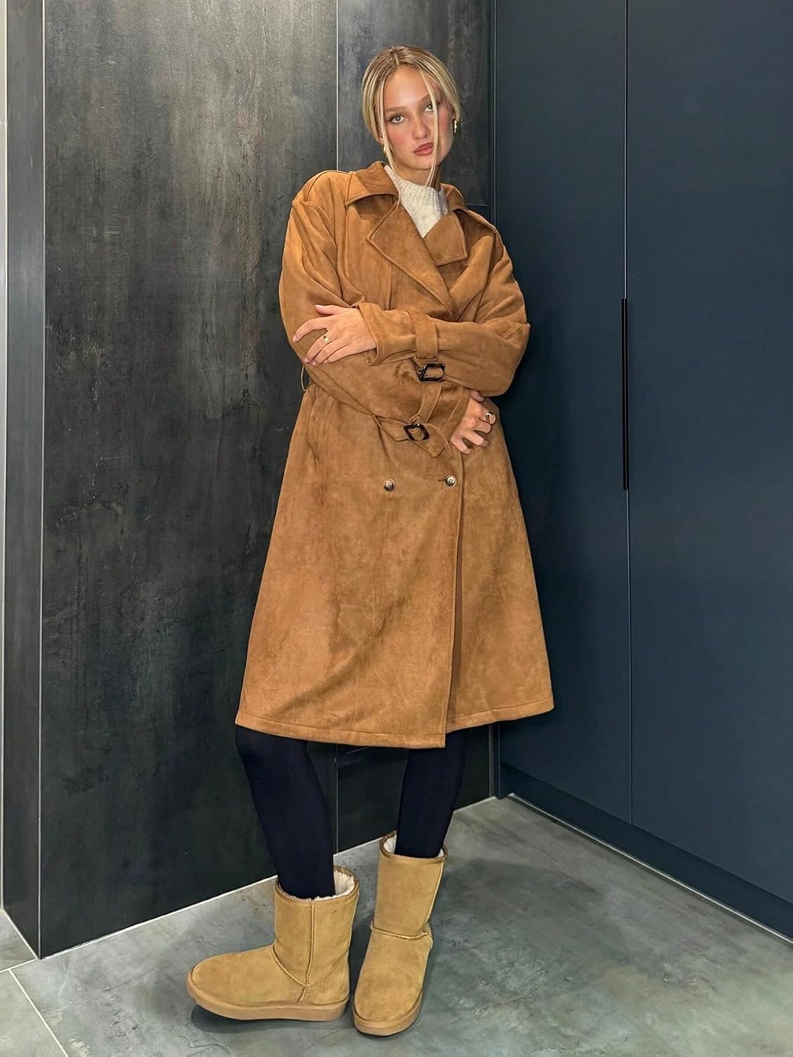 Womens Fashion Trench Outwear Suede Trench Coat Jacket Coat