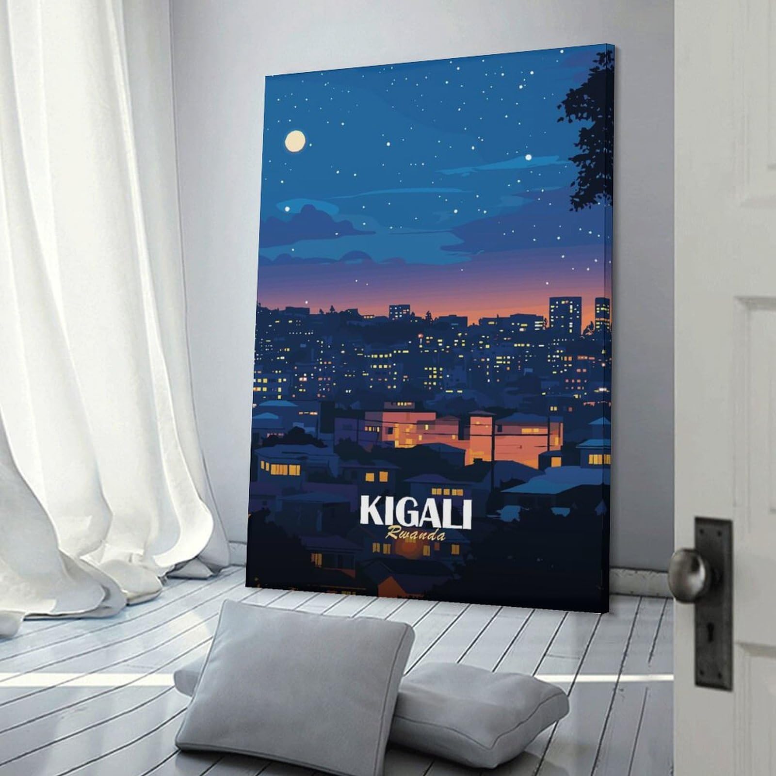 Junmoney Kigali Rwanda Cityscape at Night Canvas Wall Decor, 08x12inch(20x30cm), for Apartment Walls, Studios Or Work Areas, Decorative Canvas Decor for Home Updates