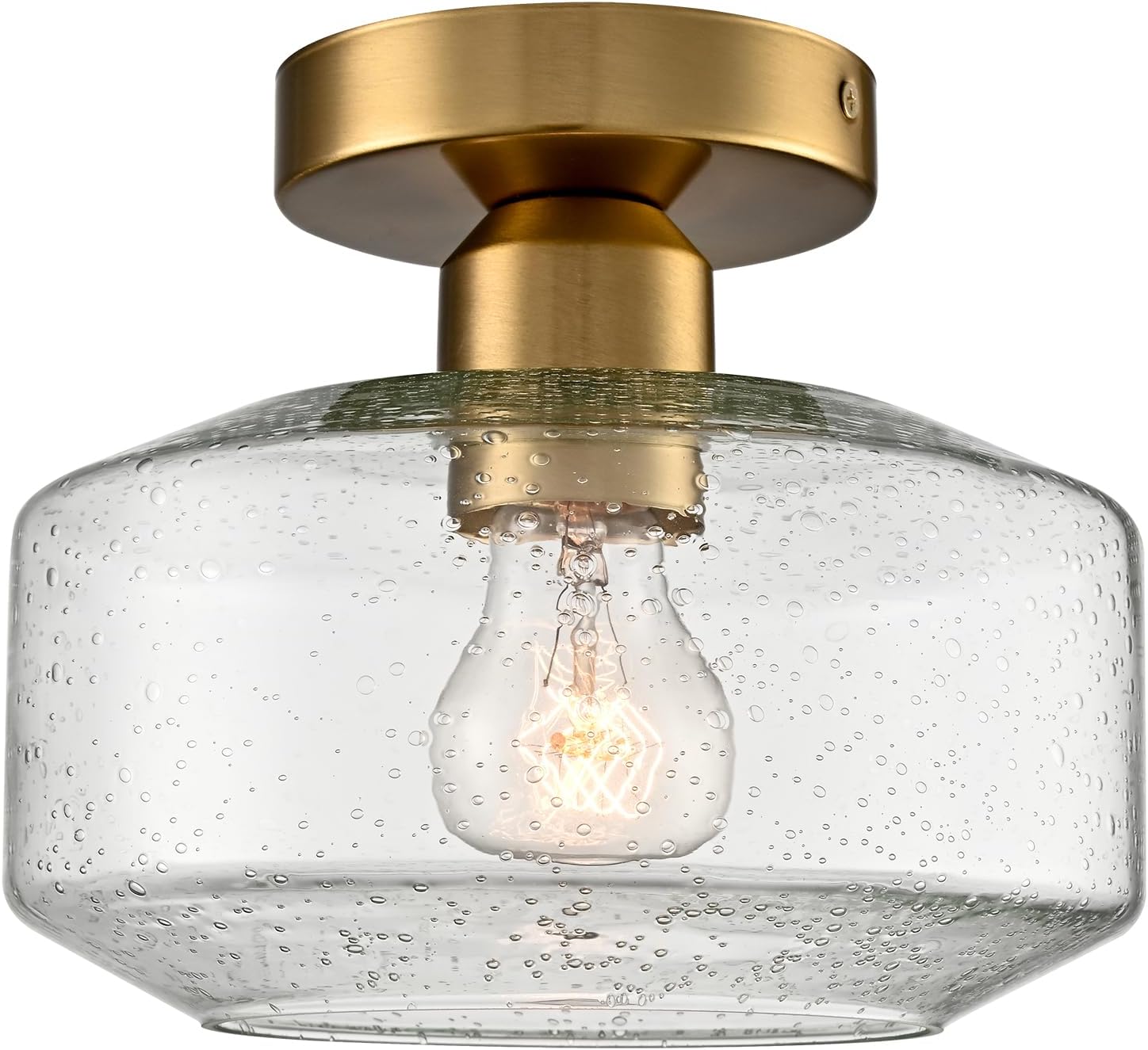 Modern Semi Flush Mount Ceiling Light with Seeded Glass Shade, Brass Gold Flush Mount Ceiling Lights Fixture, Farmhouse Industrial Ceiling Light for Hallway Schoolhouse Laundry Room Kitchen Entryway