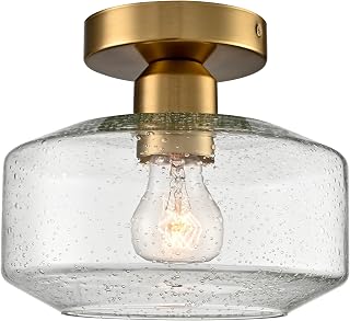 Modern Semi-Flush Ceiling Light, Seeded Glass, Brass Gold