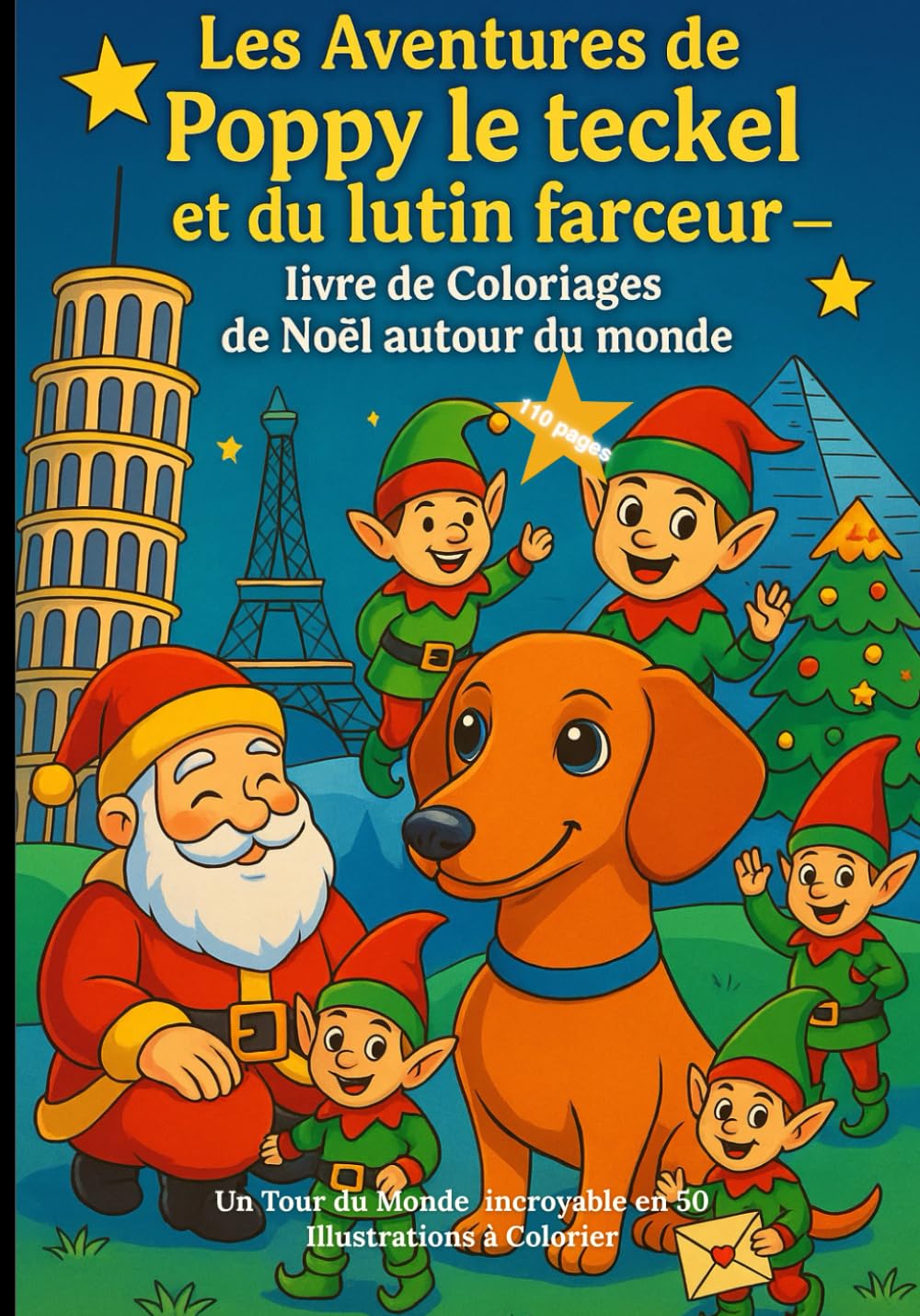 Les Aventures de Poppy le teckel et du lutin farceur – livre de Coloriages de Noël autour du monde: Un Tour du Monde incroyable en 50 Illustrations à ... avec feuilles noires épaisses de protection.