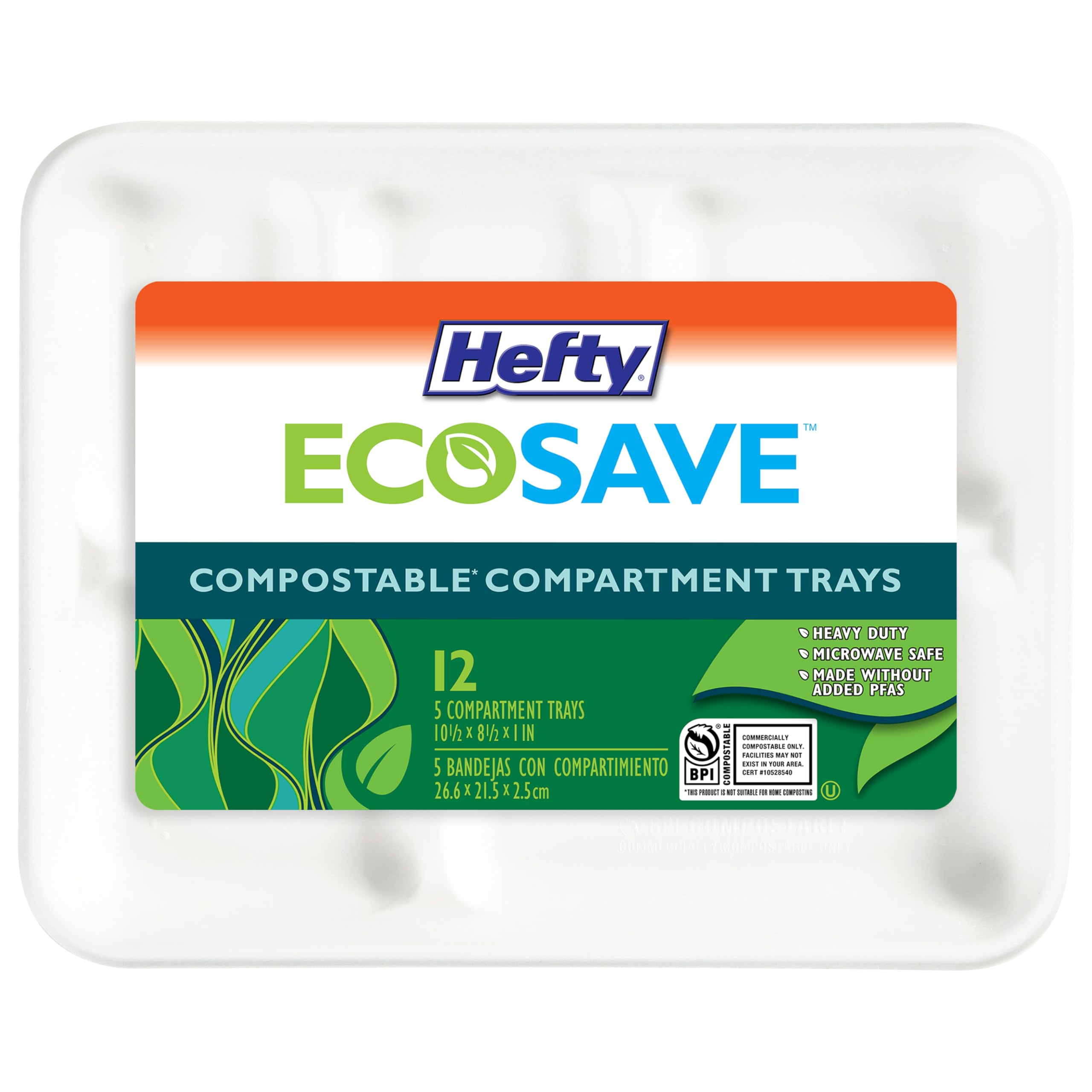 Hefty ECOSAVE Compostable 5-Compartment Paper Trays, 12 Count