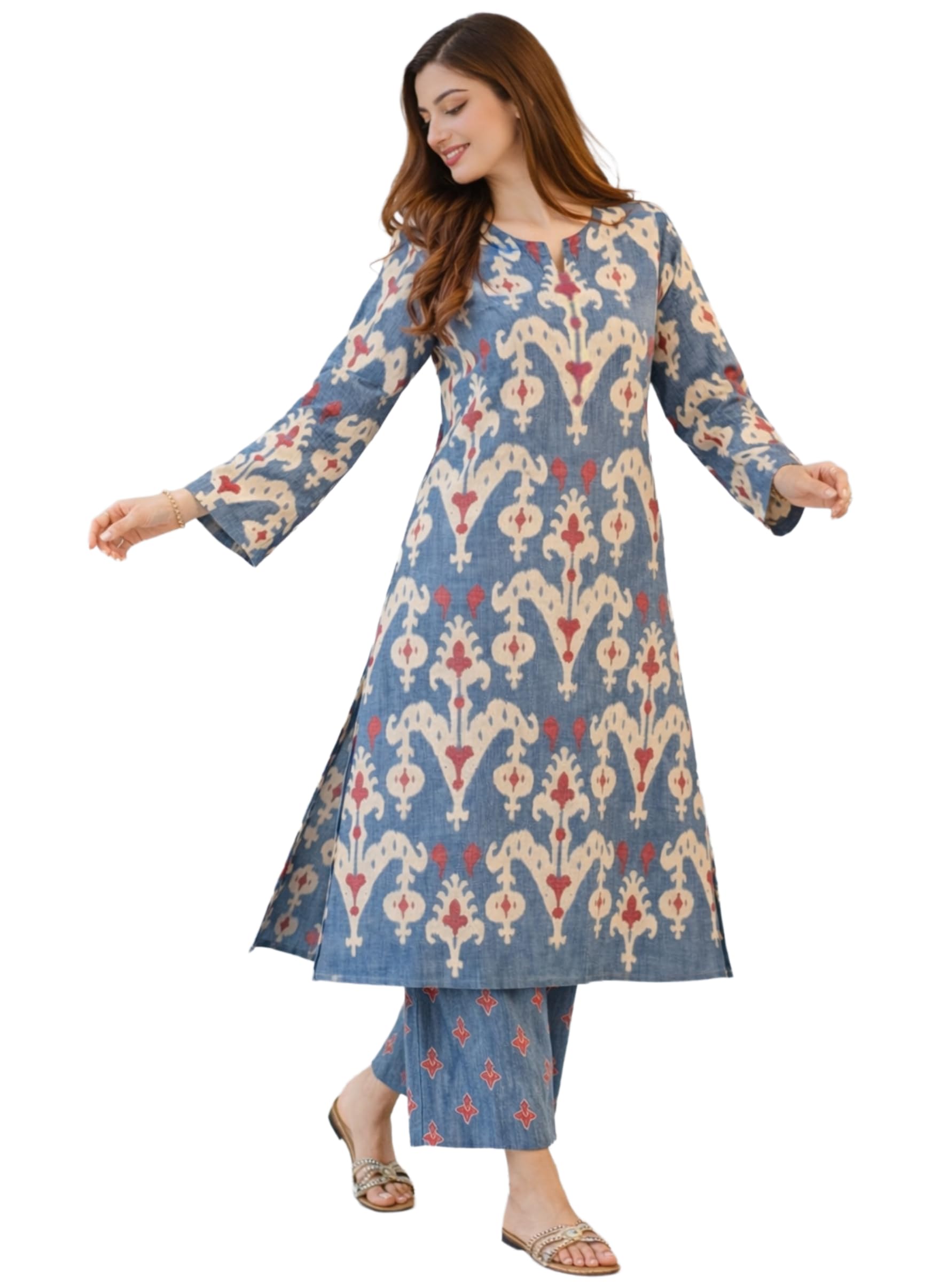 Kurta Sets for Women Cotton Blend Printed | Kurti Set for Woman | Kurta Palazzo Dress | Straight Kurti | Round Neck V-Slit Full Sleeve Suit Set for Women Stylish Ethnic Outfit-image-45