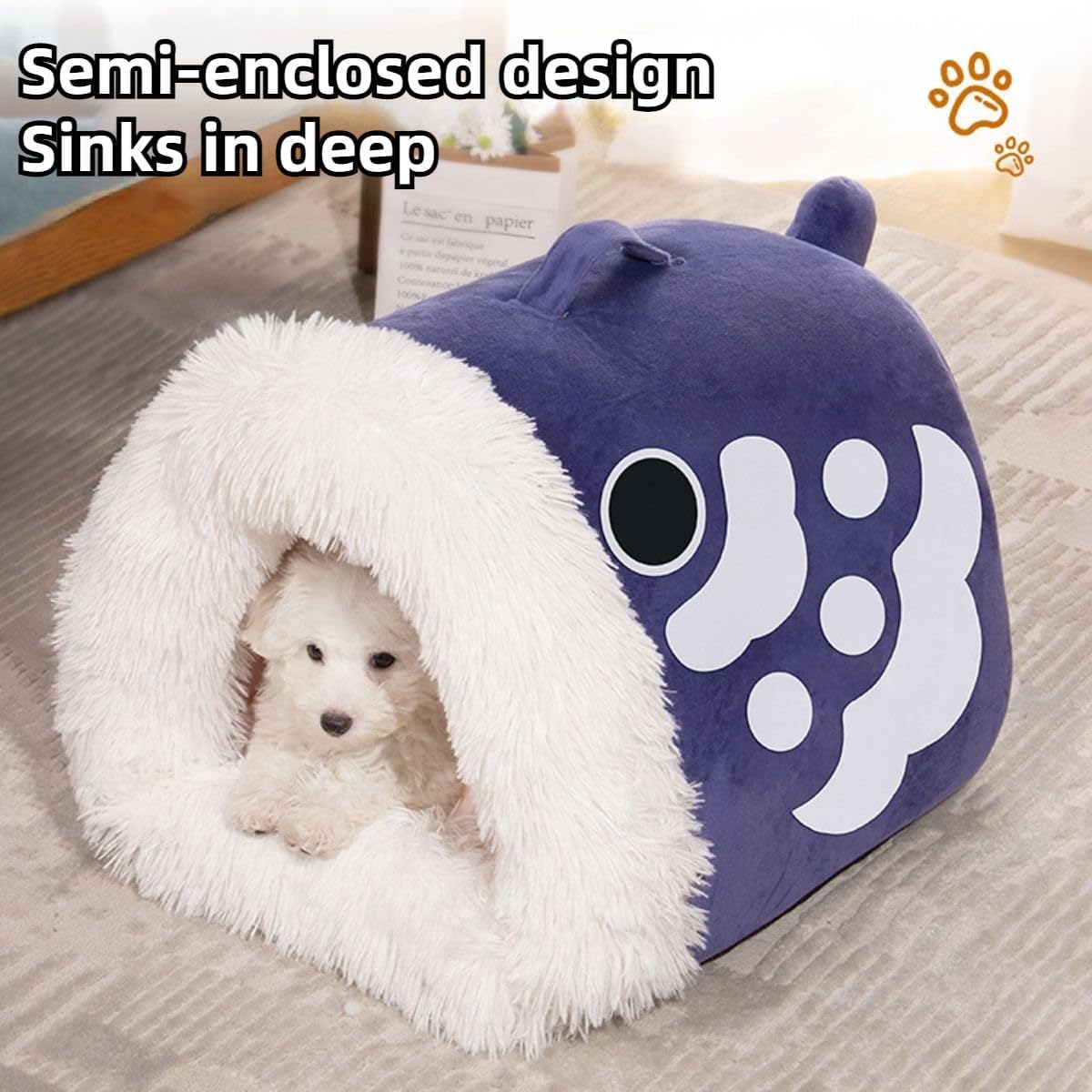 Warm and Soft Cat Bed with Handle, Portable Self-Warming 2 in 1 Cave House Fish Shape Nest Pet Sleeping Bed (Blue,Medium)