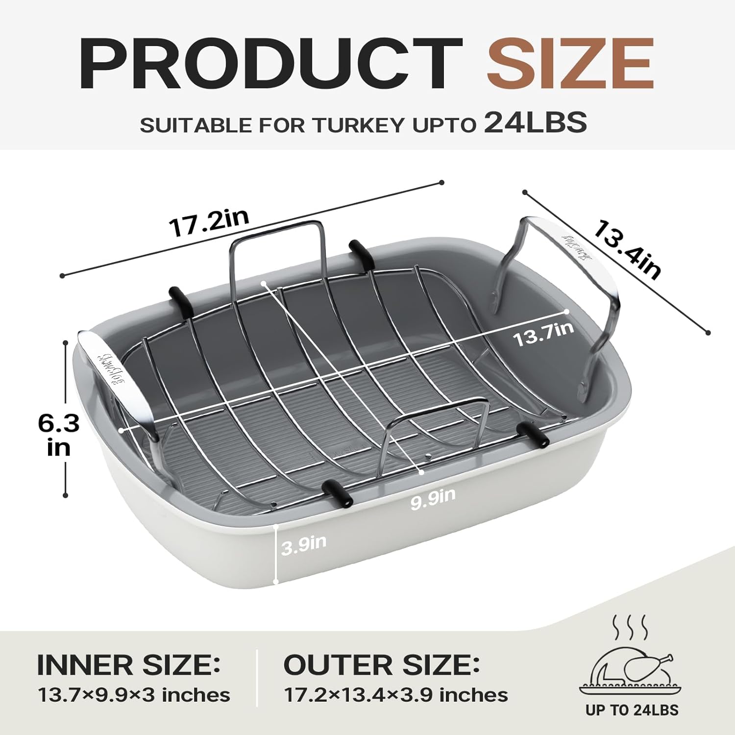 Nonstick Turkey Roasting Pan with Rack, 17 x 13 Inch Turkey Pan, large roaster pan for Meat & Vegetable, White - Image 4