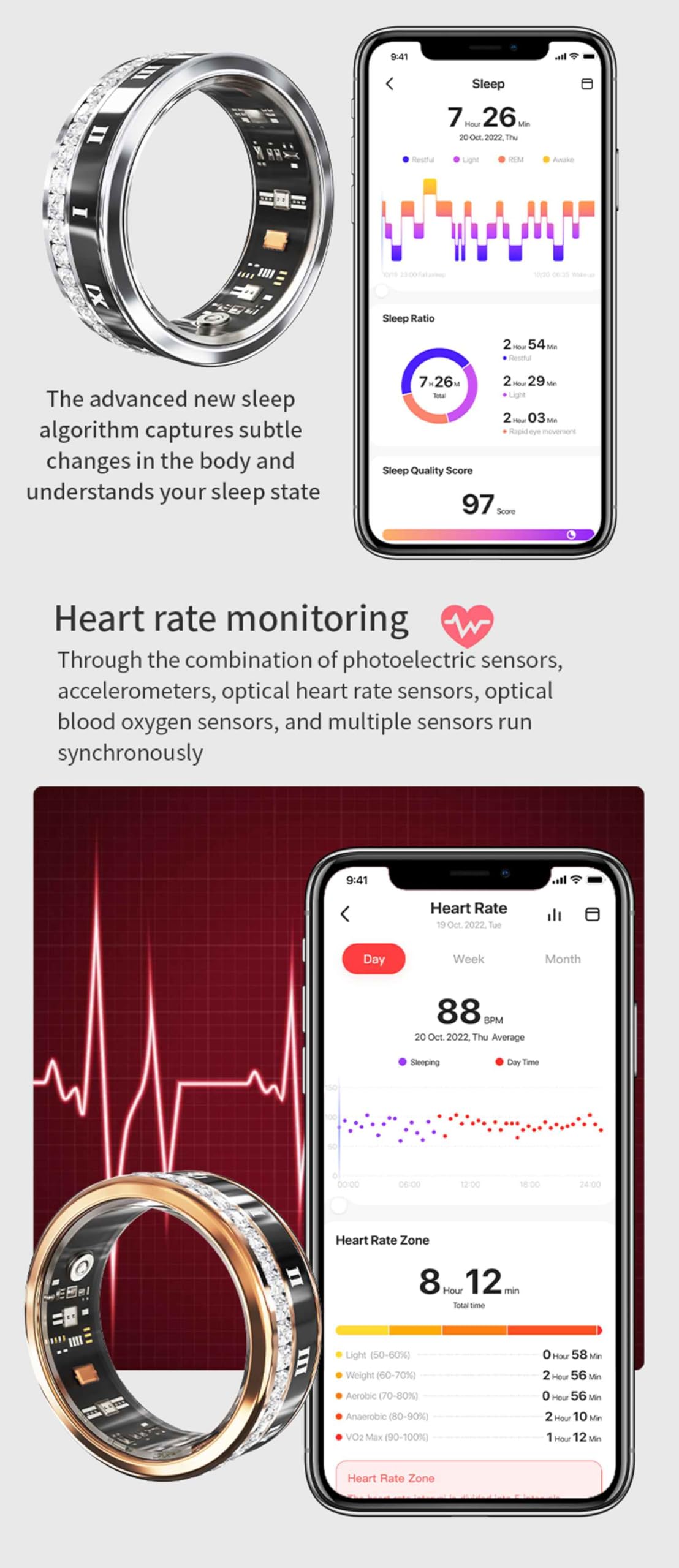 Anillo inteligente, anillo inteligente de salud para mujeres y hombres, IP68, rastreador de fitness, con monitor de frecuencia cardíaca, presión arterial, oxígeno, podómetro, contador de