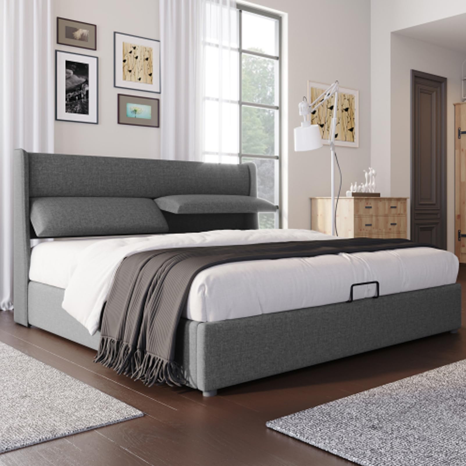 Letto Imbottito Idraulico Con Poggiatesta Regolabile Letto Matrimoniale Letto Per Ragazzi Giroletto In Materiale Di Lino Letti Contenitore Box Letto Per Camera Da Letto Per Gli Ospiti Grigio 140x200