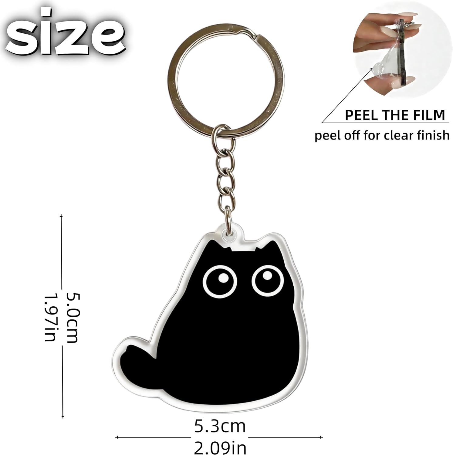 Cute Black Cat Keychain with Big Eyes, Acrylic Charm with Metal Chain, 2.09 Inch Novelty Accessory image 2