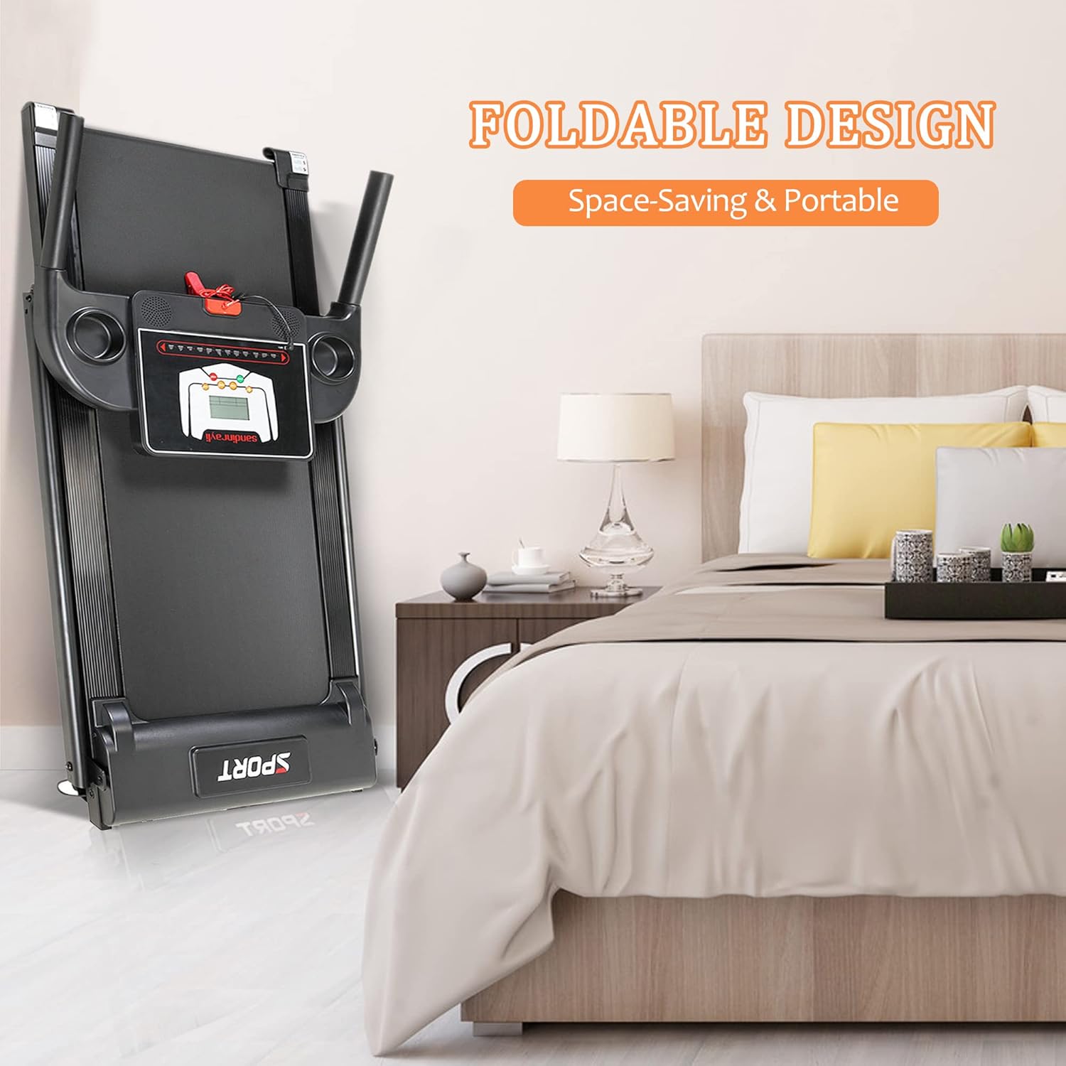 Detailed view of treadmill features: heart rate sensor, phone holder, cup holder, and safety key