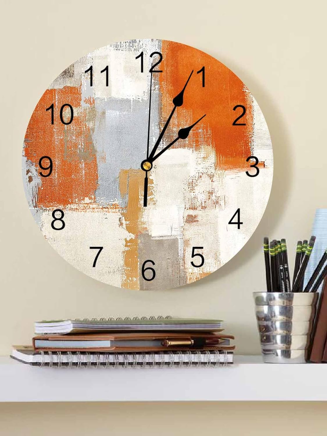Wall Clock Orange Abstract Graffiti Decorative Wall Clocks Battery Operated Modern Square Texture Non-Ticking Silent Round Clock for Bedroom Kitchen Bathroom Living Room,14 inch， Gray White