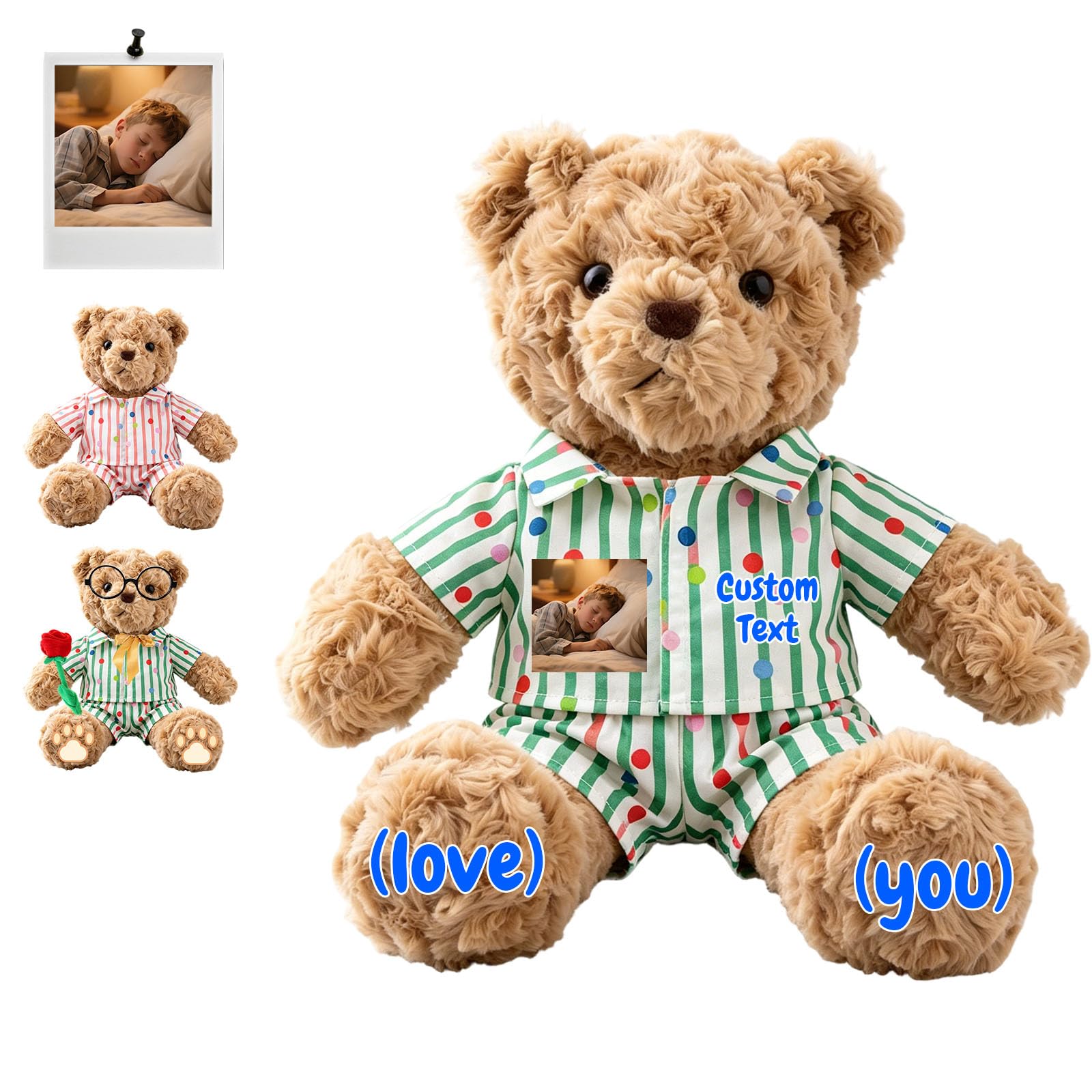 MeterBear Custom Teddy Bear with Photo and Text, 10 Inch Personalised Snuggly Brown Bear Stuffed Animal in Pajama Outfit as Gift for Baby Shower Toddler Kids Nursery Valentine Christmas