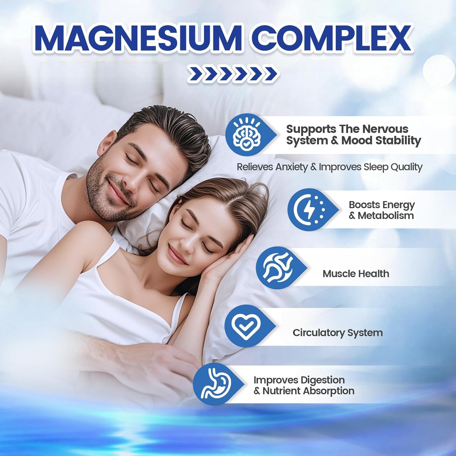 Complejo de magnesio, apoya la salud de los músculos y las articulaciones, alivia el estado de ánimo y el estrés, promueve el sueño, la energía y la vitalidad y promueve el metabolismo.