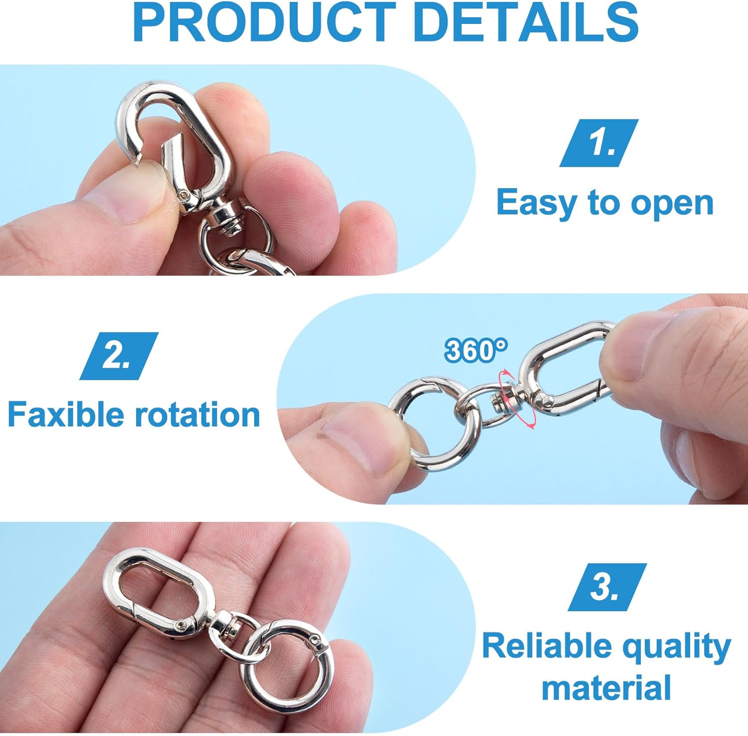 OIIKI 1 Set Double Opening Swivel Clasp Clips, Metal Swivel Spring Snap Hooks, Key Chain Clip with Key Ring for DIY Crafts, Jewelry Clasps, Lanyard Making - Silver - Image 3