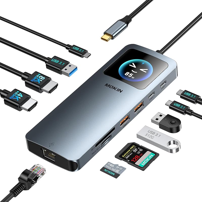 MOKiN LCD USB C Docking Station Dual Monitor,Laptop Docking Station 2 HDMI | 12-in-1 USB C Adapter with 8K@30Hz,100W PD,2500Mbps,5*10Gbps USBA/C 3.1,Card Reader,Working Status Smart Display,Control Key