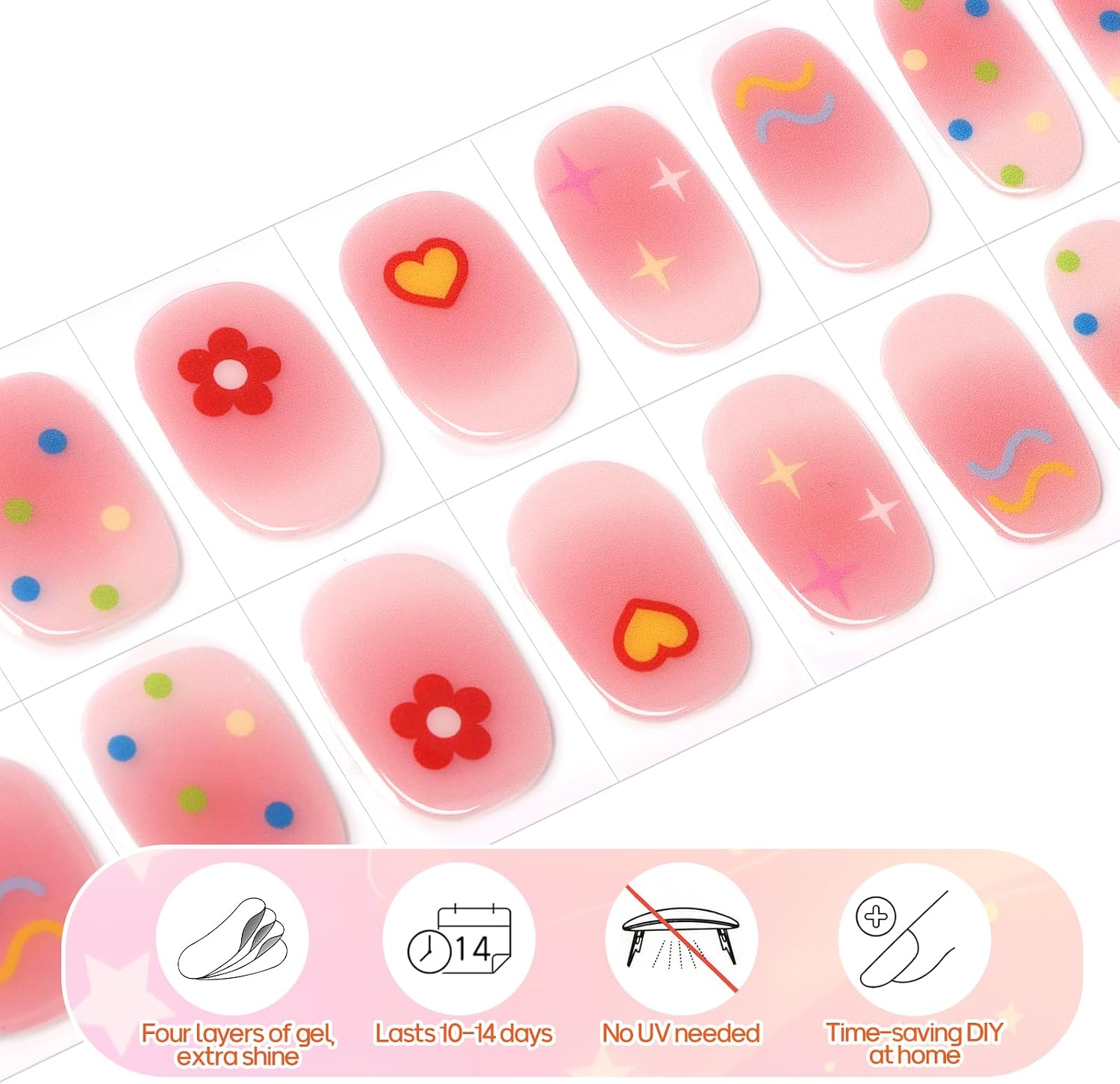 TOROKOM Kids Semi-Cured Gel Nail Strips, Flower Star Cute Nail Art Wraps