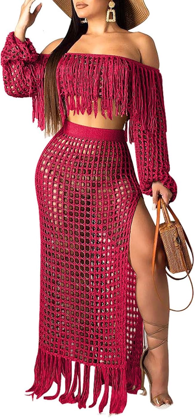 Women Sexy Tassels Hollow Out 2 Piece Outfits See Through Off Shoulder Crop Top and Split Maxi Dress Set Bikini Cover up at  Women’s Clothing store