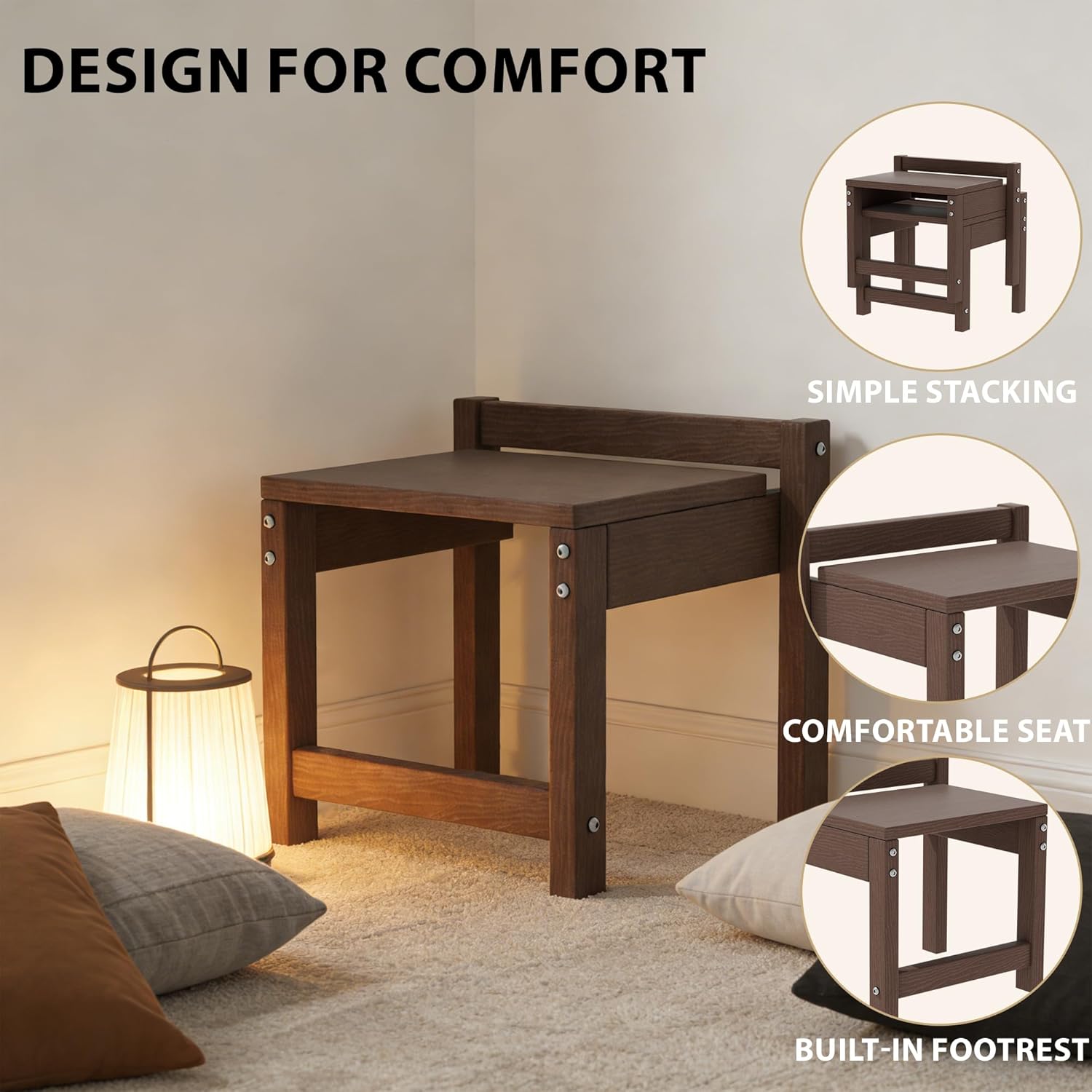 Stackable HDPE Foot Stool - All-Weather Indoor/Outdoor Seating for Patio, Living Room & Bathroom, Waterproof Windproof Heavy-Duty High-Density PE Step Stool, 2 Sets, Brown