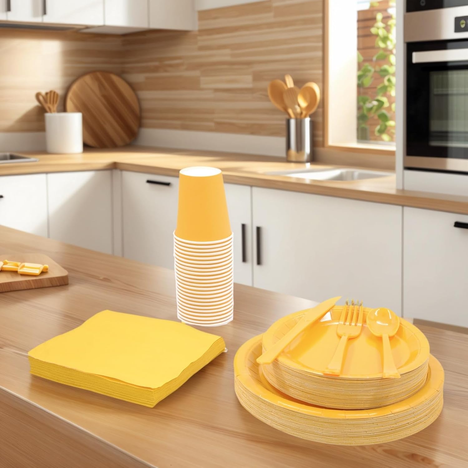 DX DENGXUAN 400-Piece Yellow Party Set,Disposable Paper Plates Cups Plastic Spoons and Fork Knives Yellow Napkin,Suitable for 50 Guests,Disposable Party Tableware Set,Wedding Birthday Party.