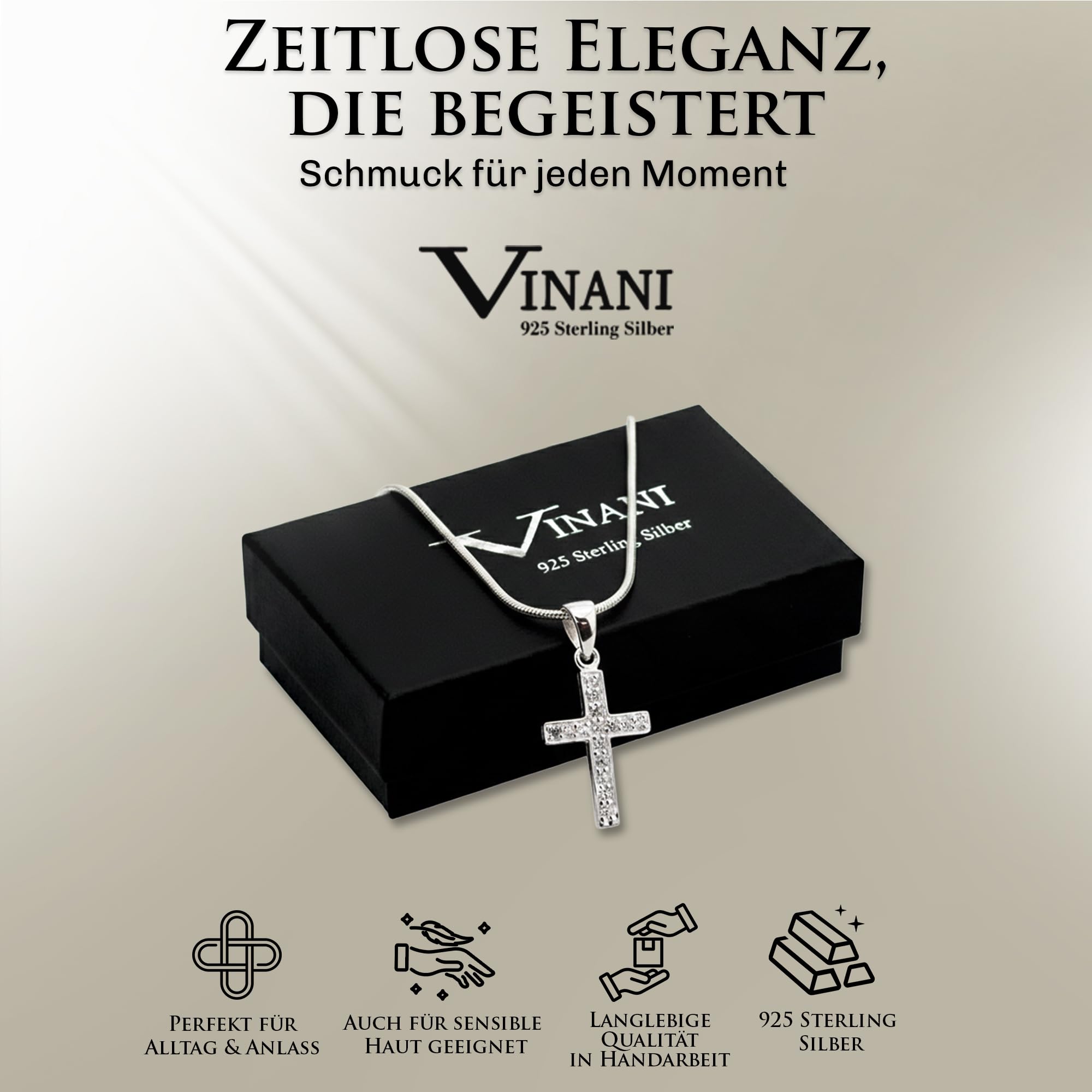 Vinani Kreuzanhänger 925 Silber mit Zirkonia Schlangenkette AKS-S