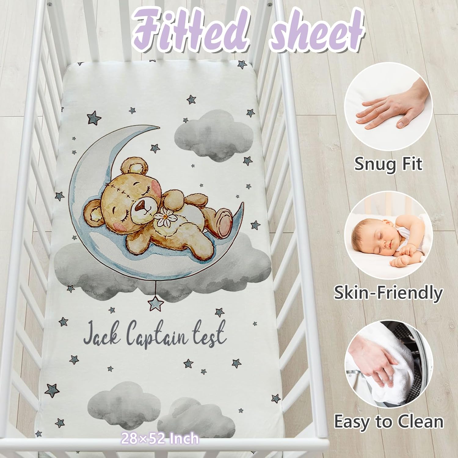 Personalized Baby Crib Bedding Set, 3 PCs Custom Name Baby Crib Set for Toddlers Infants, Double Layer Nursery Bedding Sets, Grey Moon Bear Bedding Crib Sets for Baby Girls Boys Customized Gift