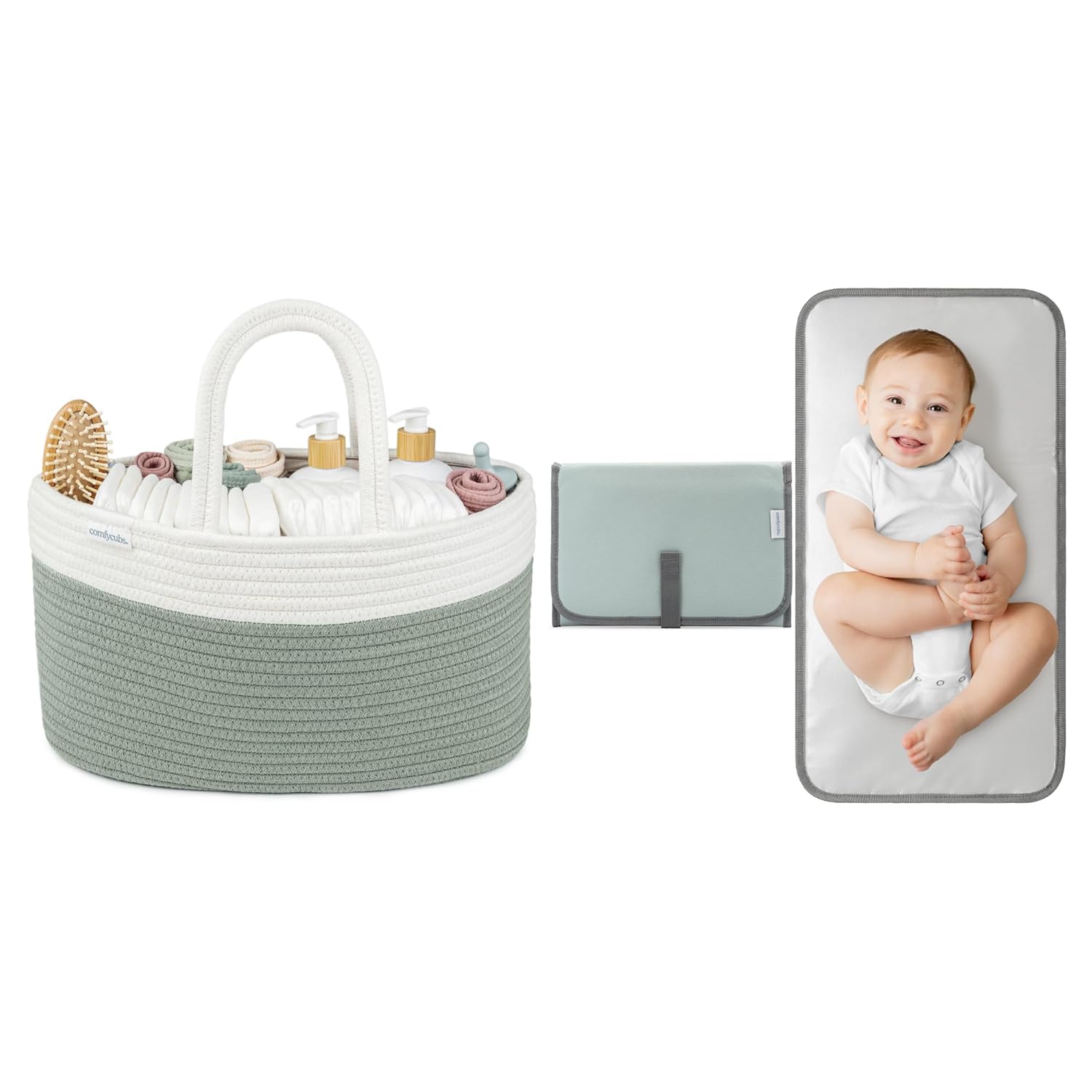 Comfy Cubs Rope Diaper Caddy Organizer and Baby Changing Pad Compact Size Bundled