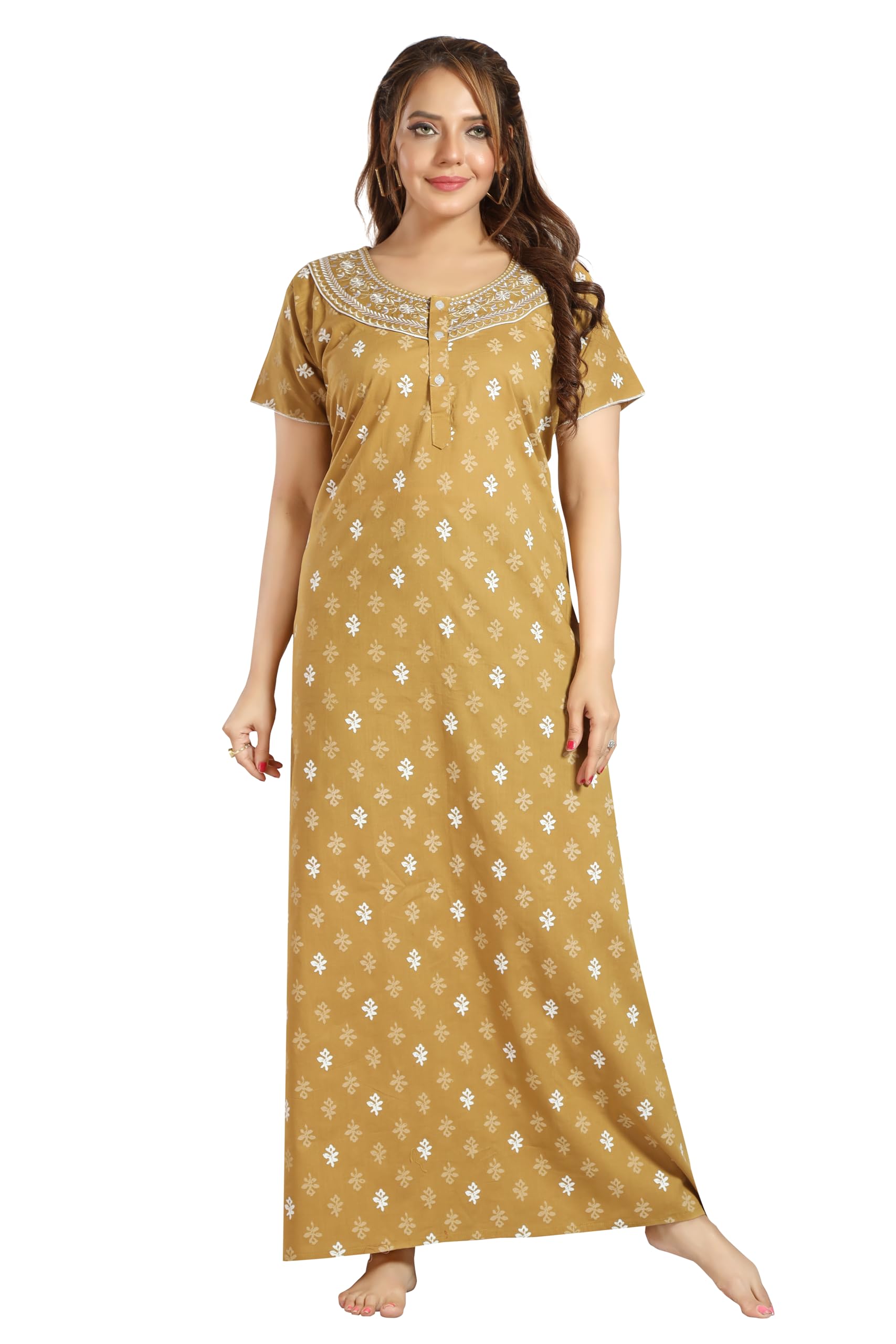 Women's Stylish Cotton Nightgown, Floral Print Short Sleeve Night Dress with Button Front-picture-27