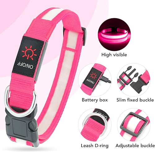 Miniatura 4 de Collar para perro con luz LED, ajustable, recargable por USB, superbrillante, luz de seguridad brillante para perros (M, rosa)
