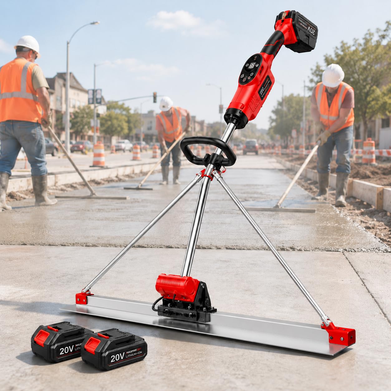 Power Concrete Screed Vibratory Kit, 21v Battery Powered Leveling Tamper Ruler, 59in Stainless Board, 6000mah Large Battery2h- 3h Run Time, 6000rpm Max For Sidewalk Finishing dualbattery