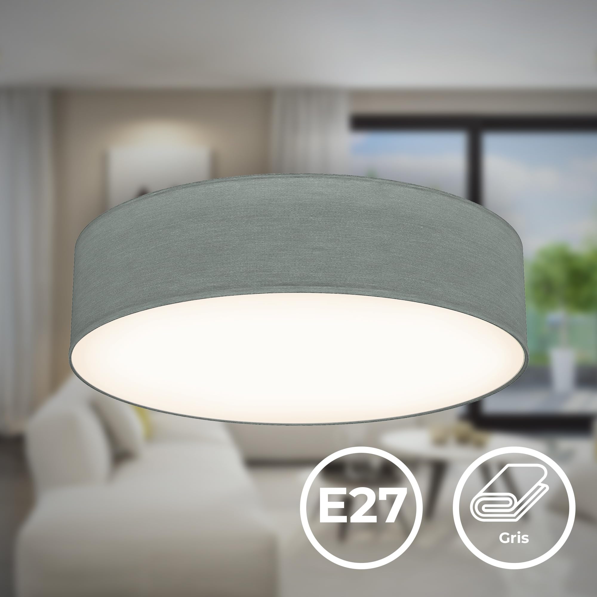 B.K.Licht - Lámpara de techo textil, Pantalla de tela, Fácil de montar, Plafon Techo Luz suave, 2 Casquillos E27 Max 40W, elegante Plafon Techo Dormitorio, Cocina, Salón, Ø 38cm, Sin bombilla, Gris