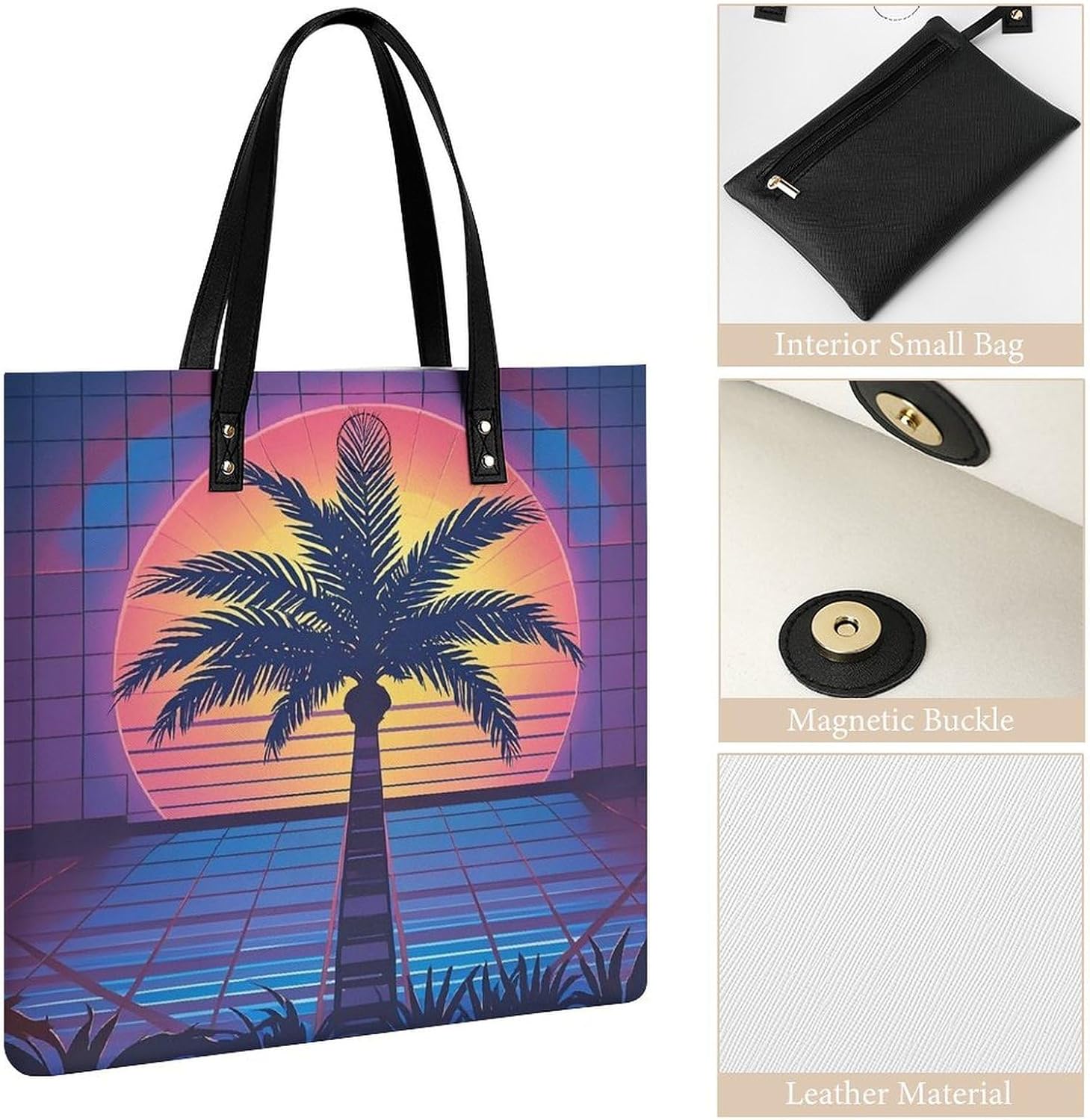 Palm Tree Sun And Grid Tote Bag with Magnetic Buckle Reusable Grocery Bags Lightweight Cross Body Handbag for Daily Essentials