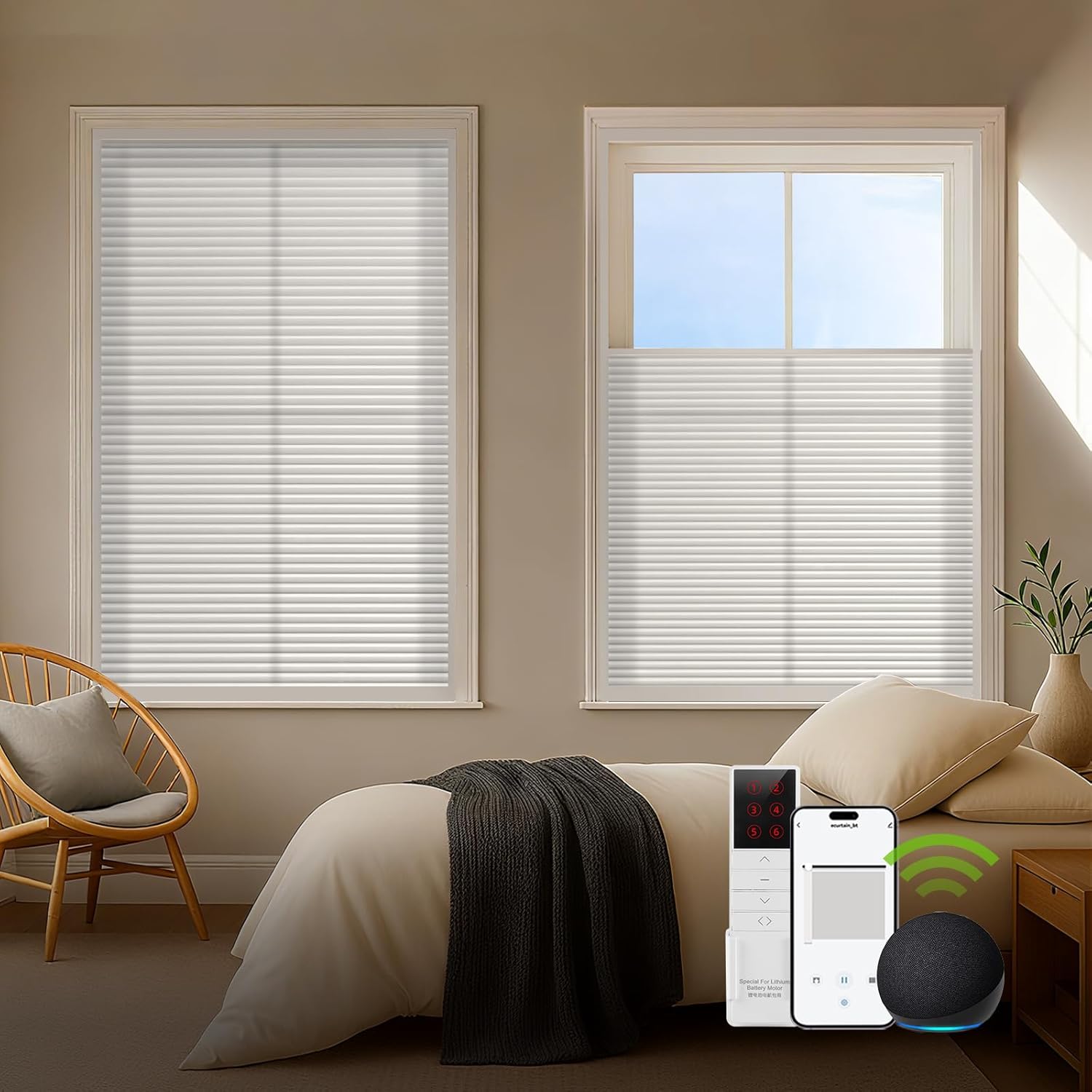 ZSTARR Motorized Skylight Shades Blackout Cellular Honeycomb Electric Blinds with Solar Panel Cordless Rechargeable with Remote for Roof and Slanted Windows Custom Size (LF White)