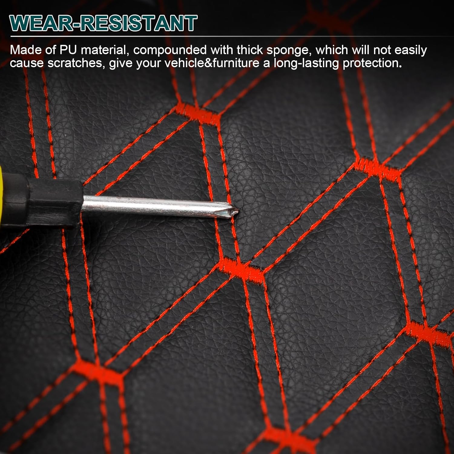 Vinyl Upholstery Fabric by The Yard, 63" Wide Quilted Faux Leather with Foam Backing for Car Headliner, Automotive Interior Panels, Trunk Liners and DIY Upholstery Projects, Black with Red Stitching