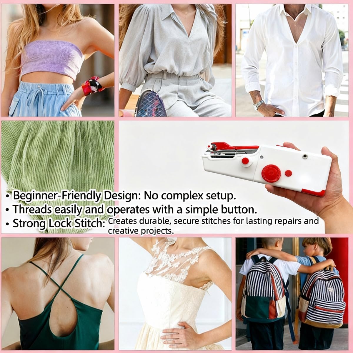 Handheld Sewing Machine for Beginners, Mini Portable Electric Sewing Machine with 2-Speed Control & LED Light, Handheld Stitcher for Clothes Jeans Fabric Repair, Includes Thread & Needles (Red)