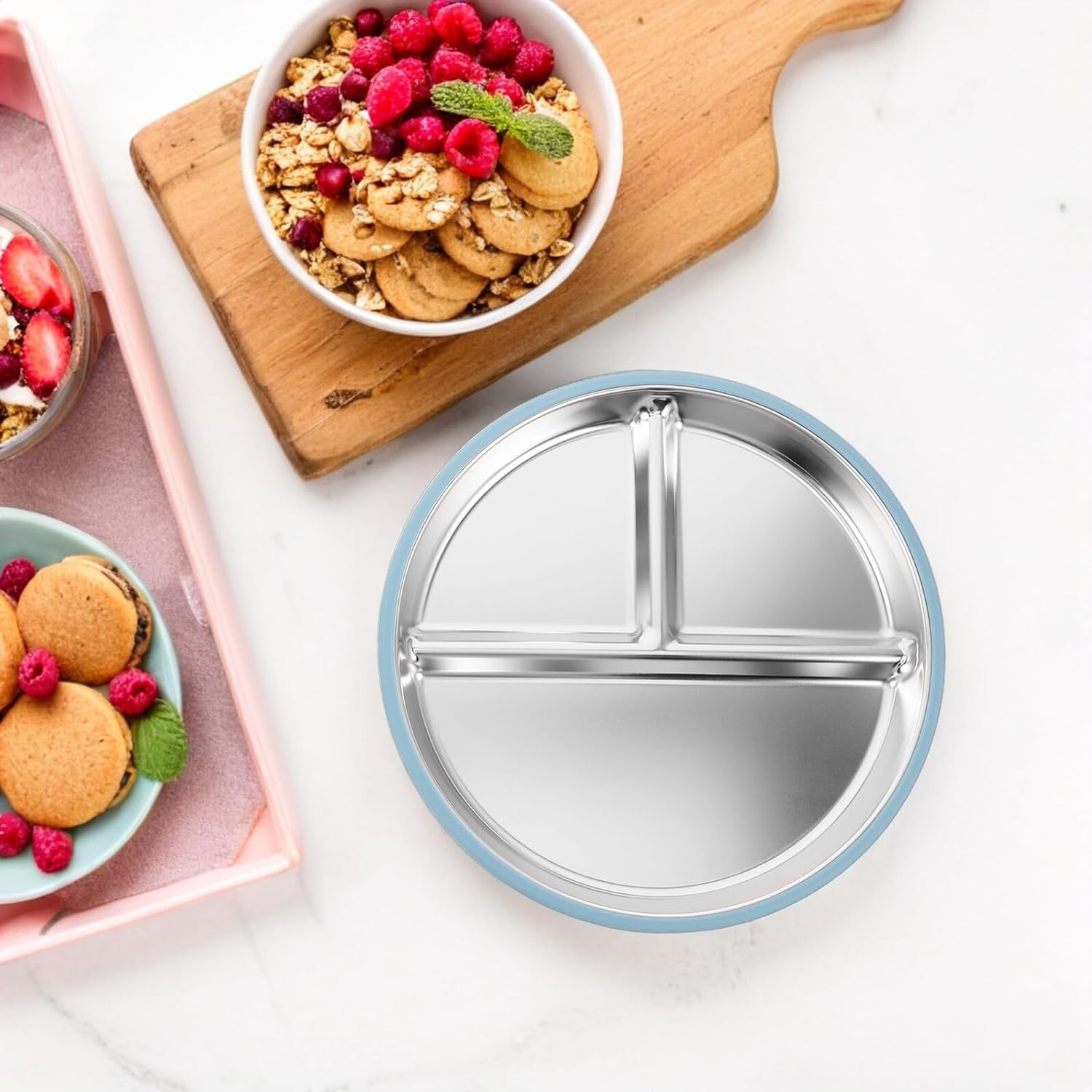 ORFOFE 3pcs Stainless Steel Plates with Suction Base Non-slip Divided Dishes for Clean Breakfast Tableware for Home Daycare Travel