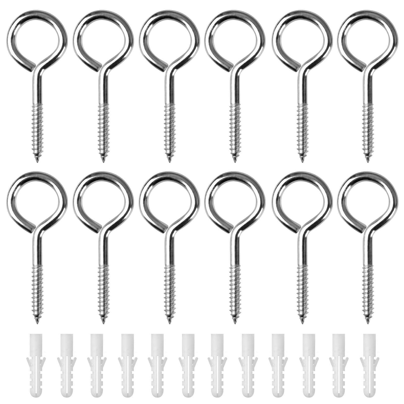 Lot de 12 crochets à œillet à vis pour jardin : vis à œillets M5 x 25 x 65 en acier inoxydable – Capacité de charge de 35 kg – Crochets à œillets robustes pour intérieur et extérieur pour suspendre