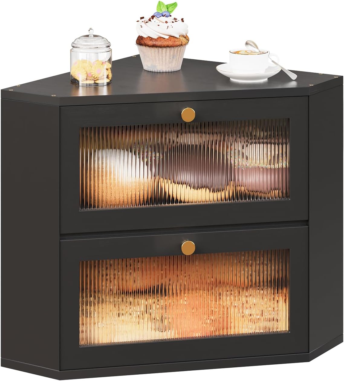 Corner Bamboo Bread Box for Kitchen Counter Double Layer Bread Storage Container Large Capacity Bread Storage Bin with Wavy Arcylic Transparent Door (Brown)