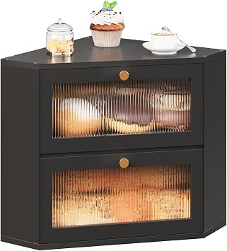 Trironsun Corner Bamboo Bread Box for Kitchen Counter Double Layer Bread Storage Container Large Capacity Bread Storage Bin with Wavy Arcylic Transparent Door Black