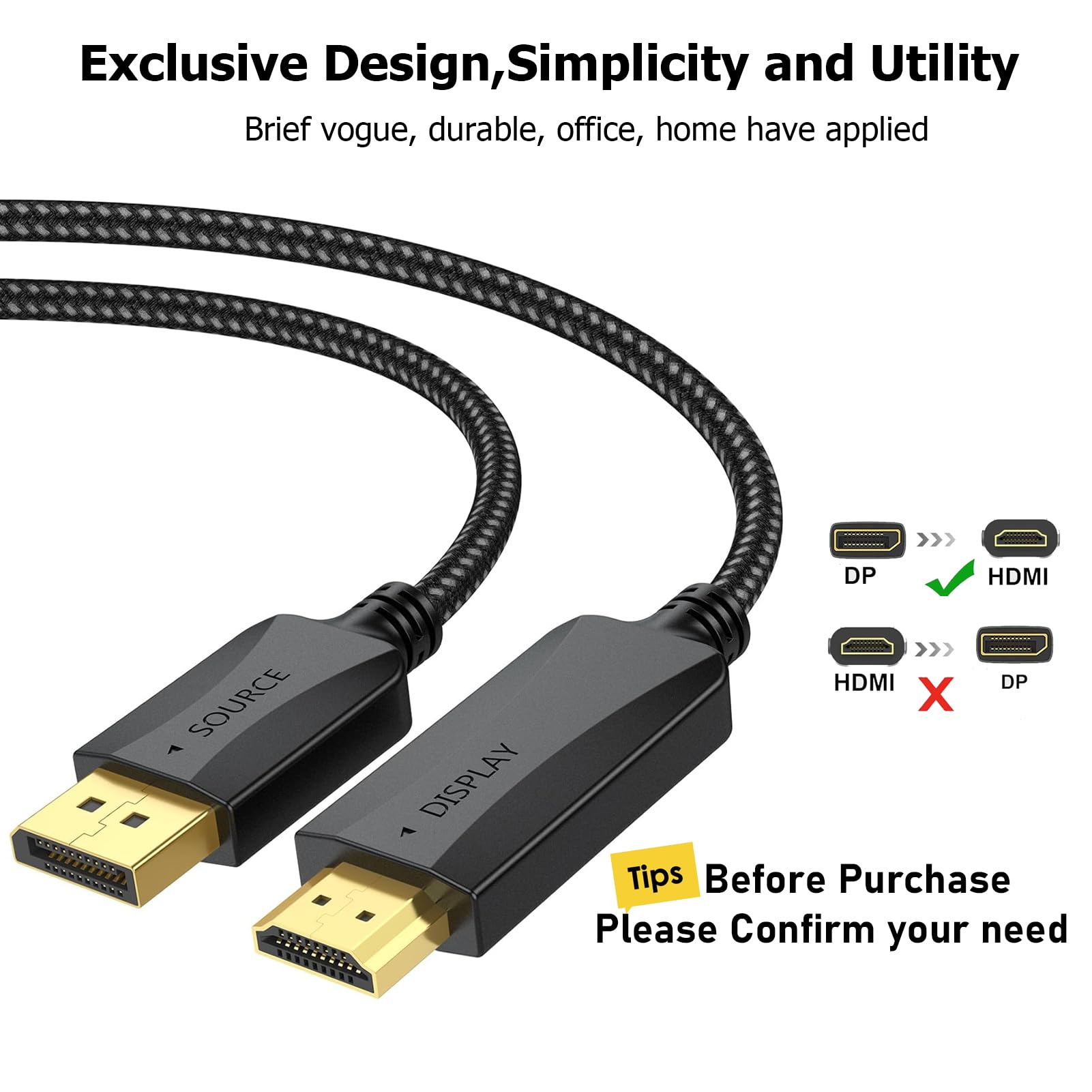 Paquete de 5 cables DisplayPort a HDMI 4K, 6 pies DP (puerto de pantalla) a HDMI, cable adaptador trenzado macho a macho, soporta video y audio (4k, 2160P, 1440P, 1080P), no bidireccional