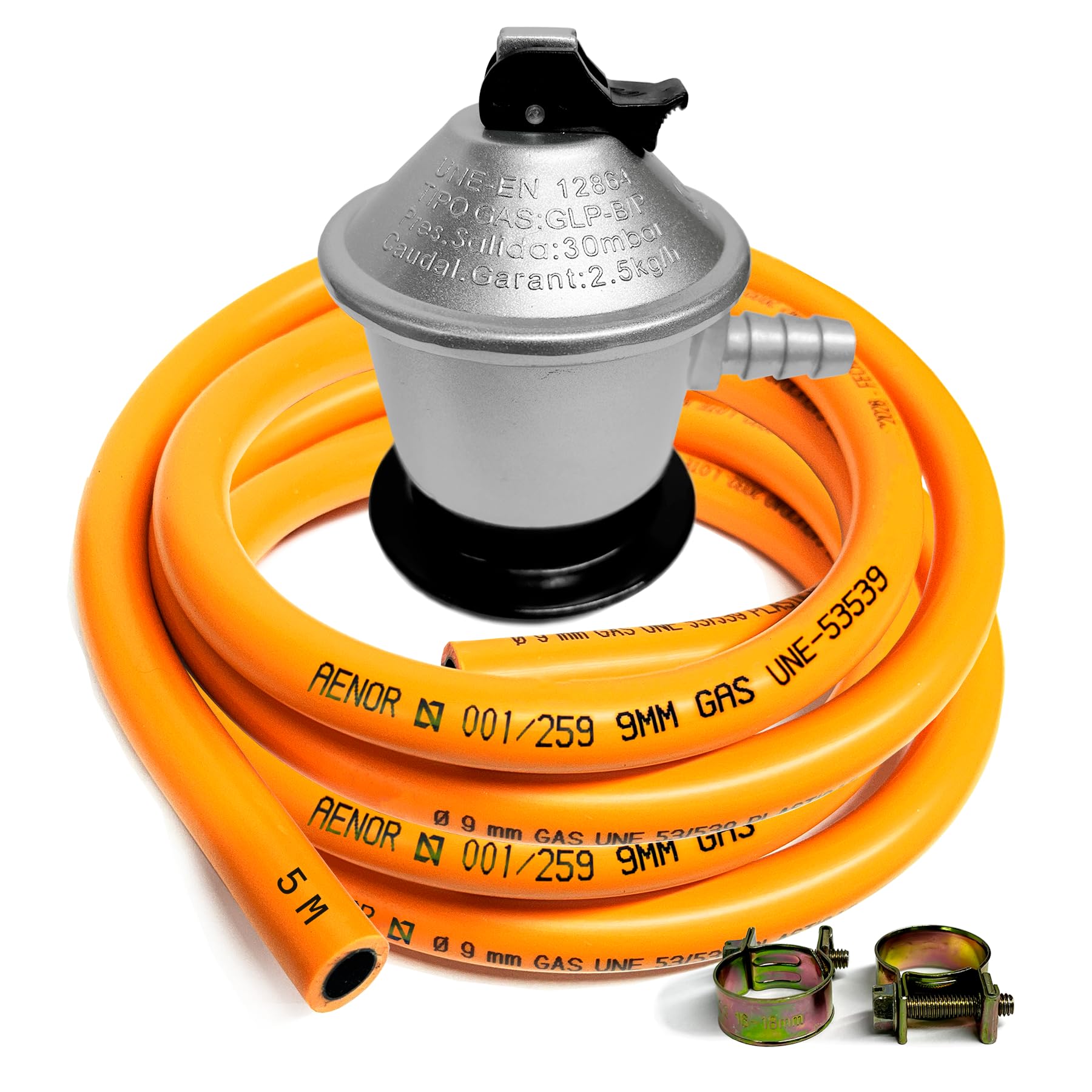 Kit Regulador Gas Butano 30 mbar Homologado + Manguera 1,5 m / 3 m / 5 m y Abrazaderas – Regulador para Bombonas de Gas en Cocinas, Camping, Hornillos, Barbacoas y Paelleros (DOBLE XXL - 3,0 m) — view 11