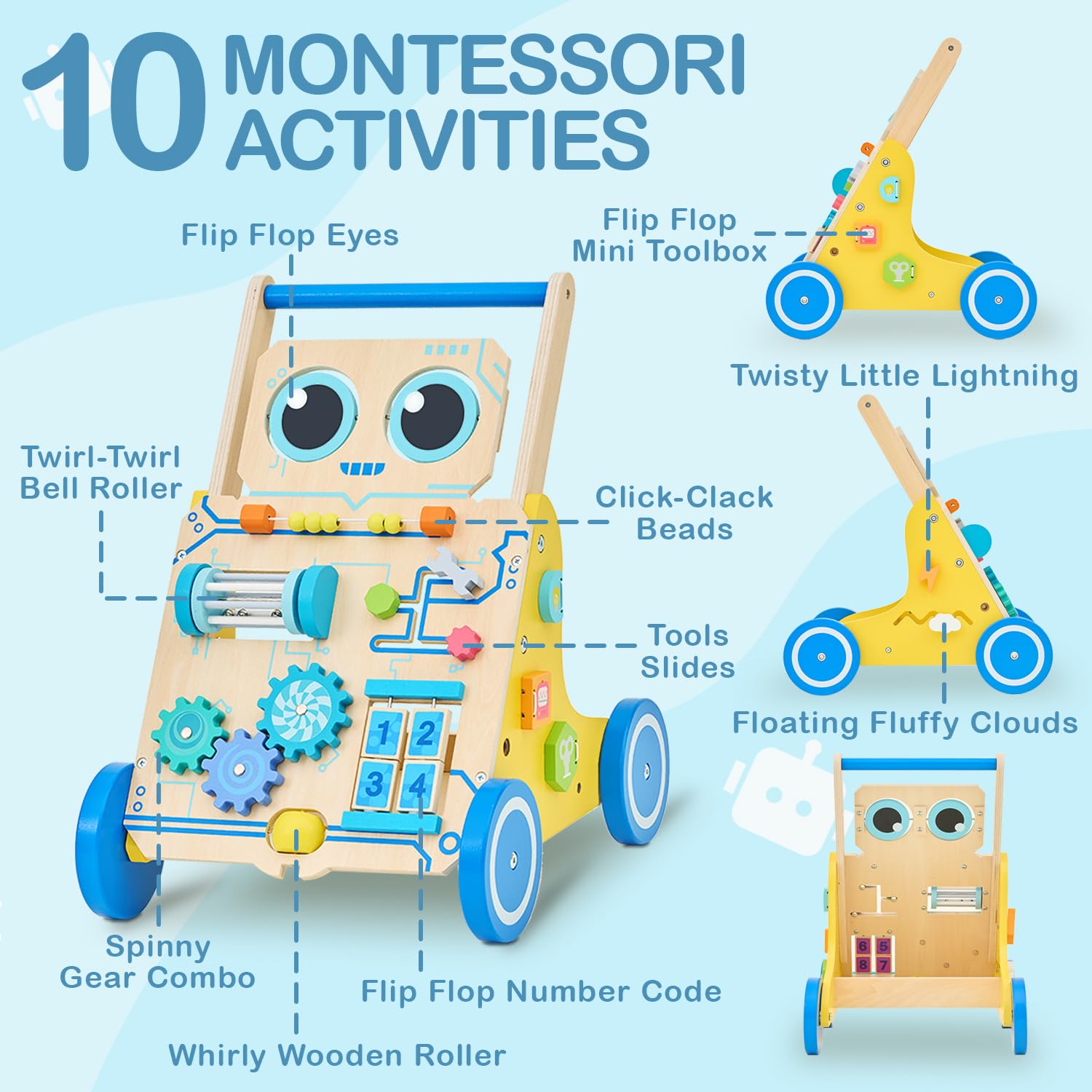monläurd® robot wooden baby walker, adjustable push ? pull toy, montessori activity center, learning activity walker - ideal for early development & motor skills for toddlers