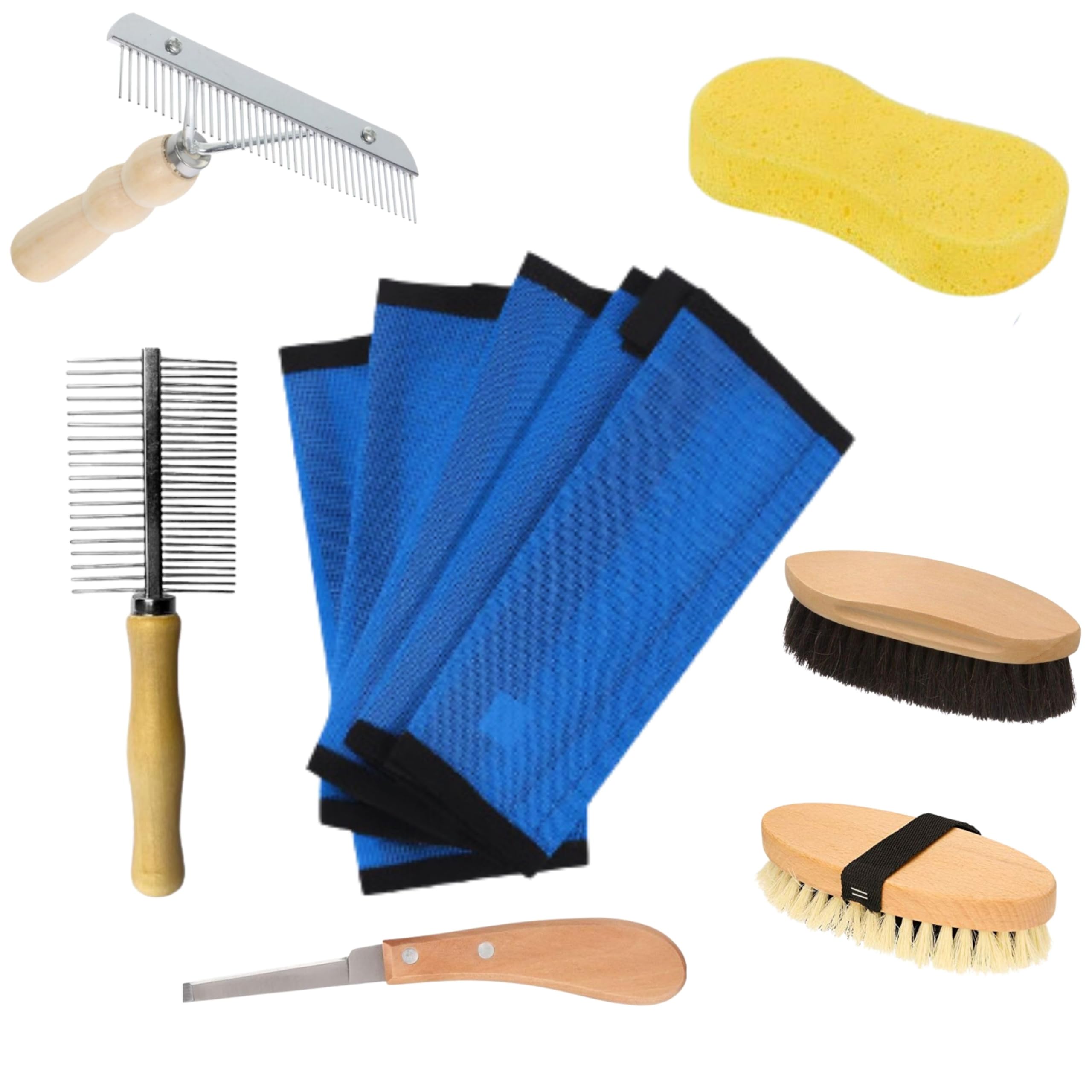 AMZENTIALS- 4 Piezas de Botas compresivas para Caballo (Azul) con Kit de Limpieza, Cepillo para Caballos y Peine desenredante quitapelos, Pack Accesorios Caballo rasqueta, Kit Protectores para Patas