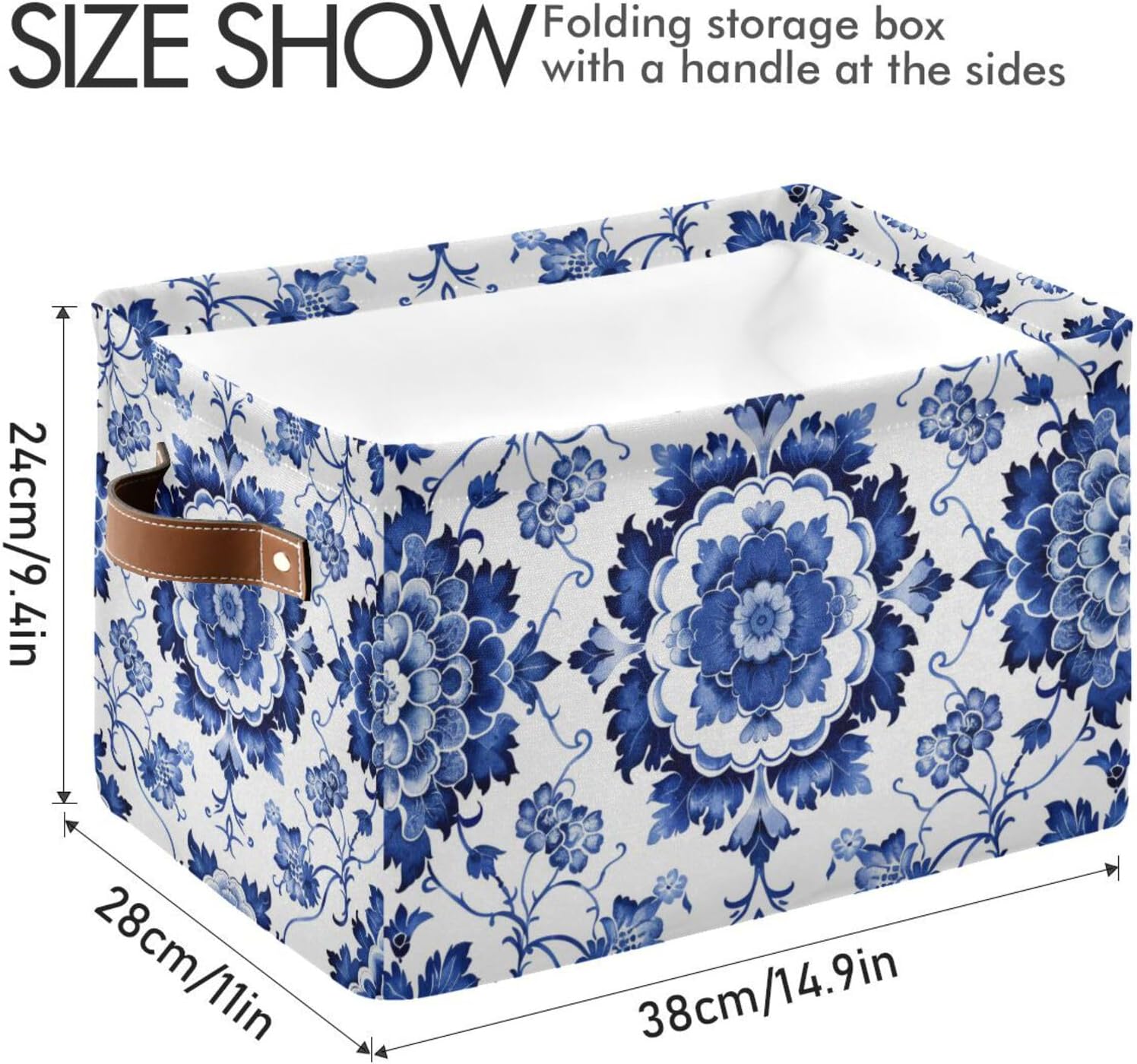 senya Storage Basket, Blue White Porcelain Pattern Foldable Fabric Collapsible Storage Bins Organizer Bag