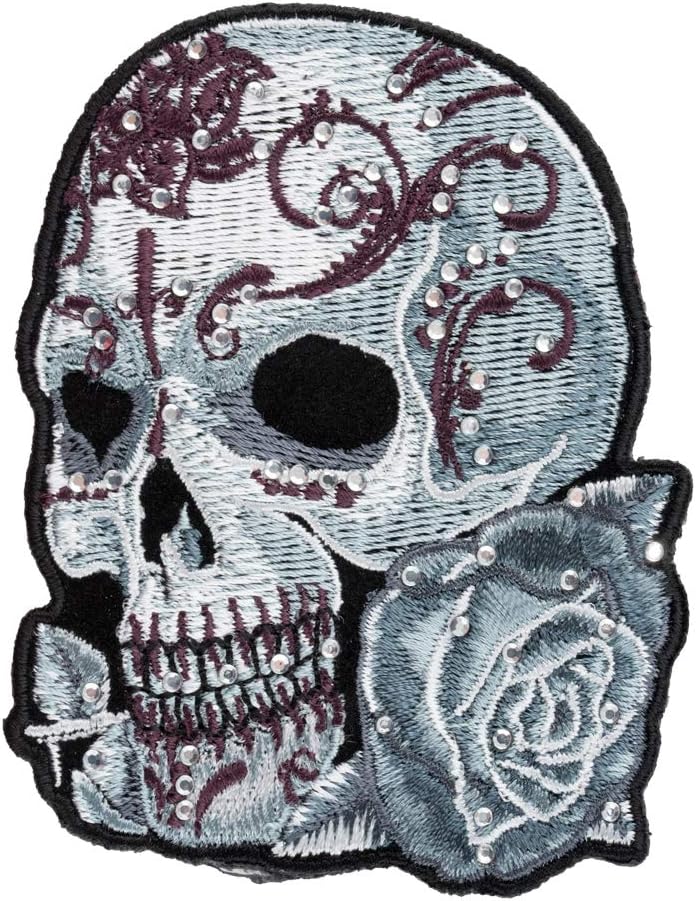 PatchStop Sugar Skull Rhinestones Gray Purple Iron On Patches for Clothing Jeans - 7x9in Large DIY Sew On Patch for Jackets Bags - Embroidered Decorative Candy Skull Ladies Patches