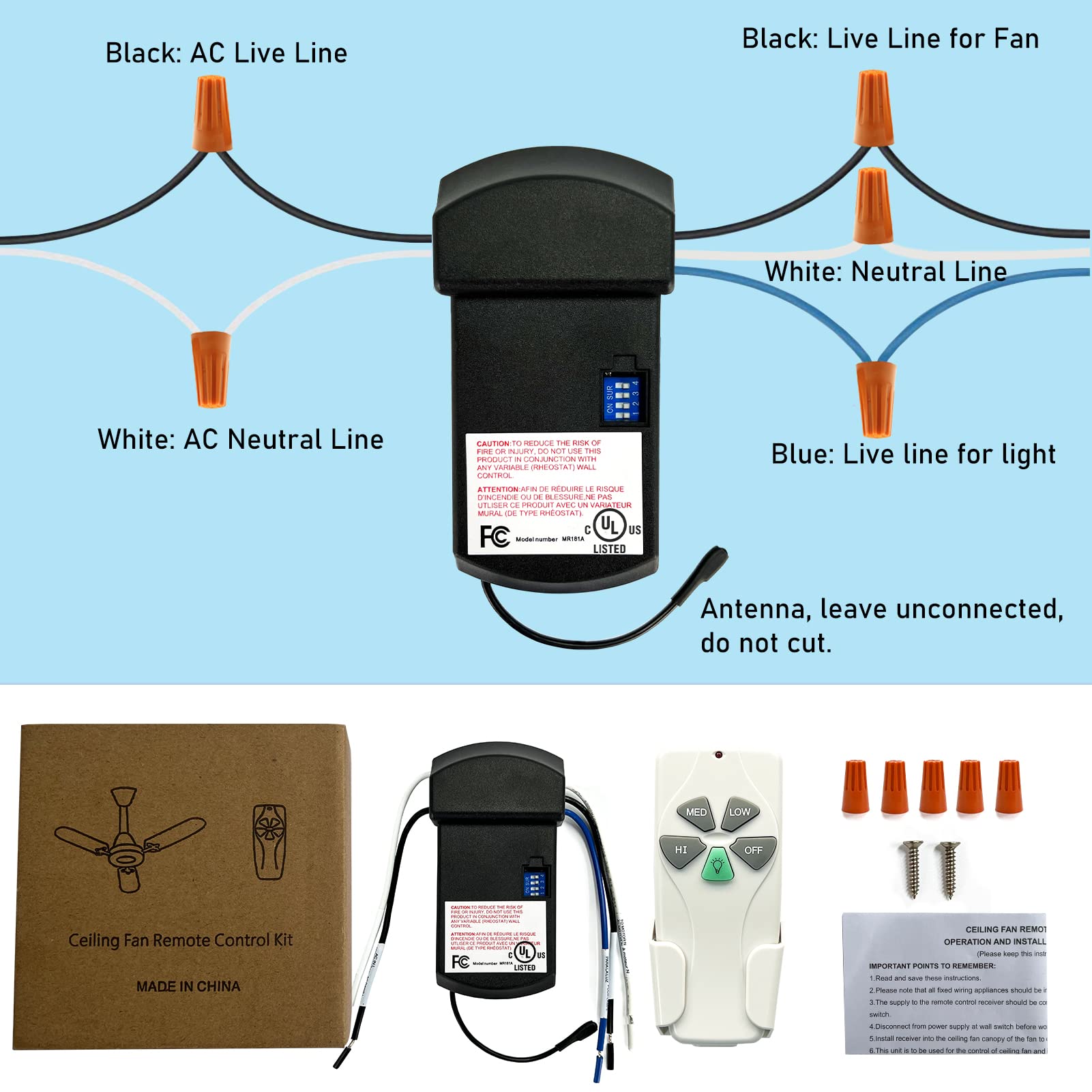 YukiHalu Universal Ceiling Fan Remote Control Kit, 3 Fan Speeds and