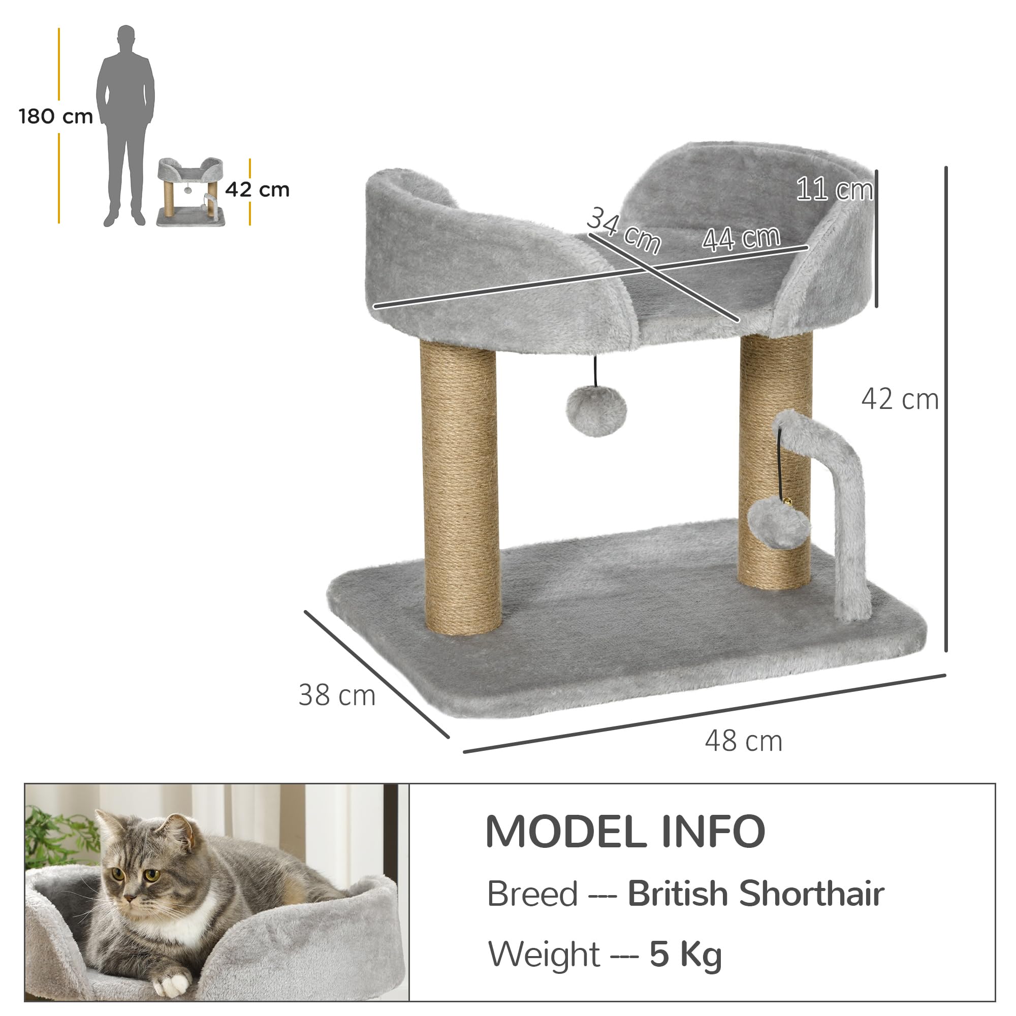 PawHut Torre per Gatti max 5kg con Tiragraffi in Juta, Albero per Gatti con Palline Giocattolo e Rivestimento in Peluche, 48x38x42 cm, Grigio